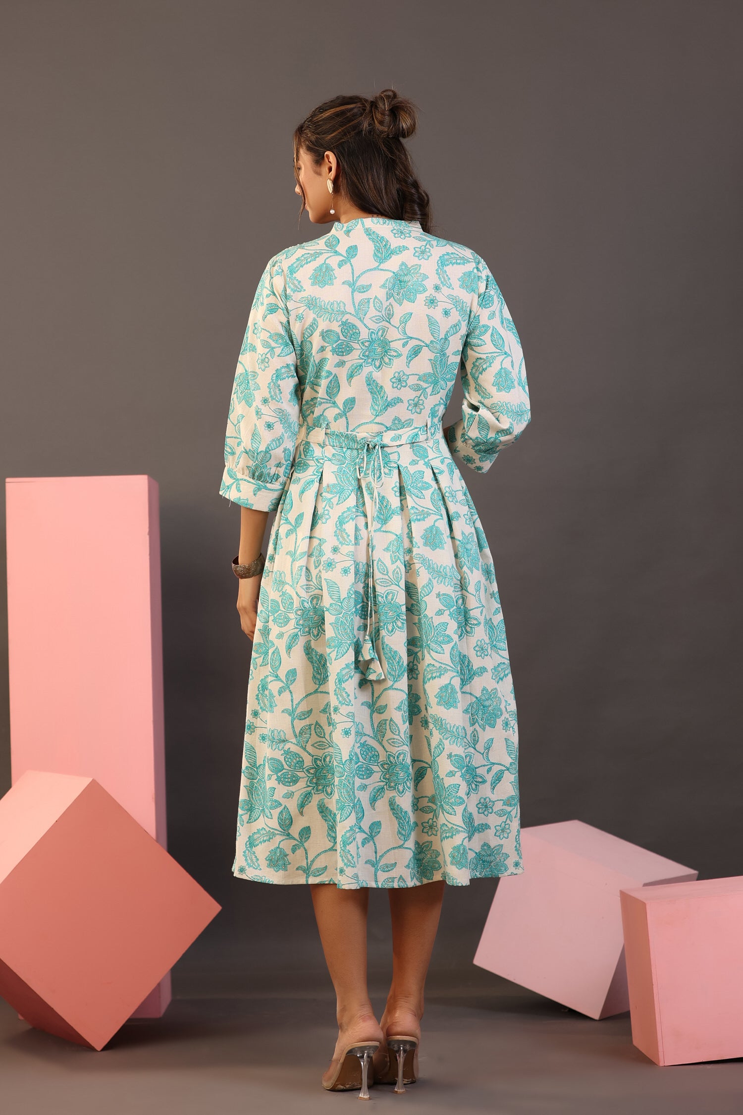 Turquoise Floral on White Midi Cotton Flex Dress