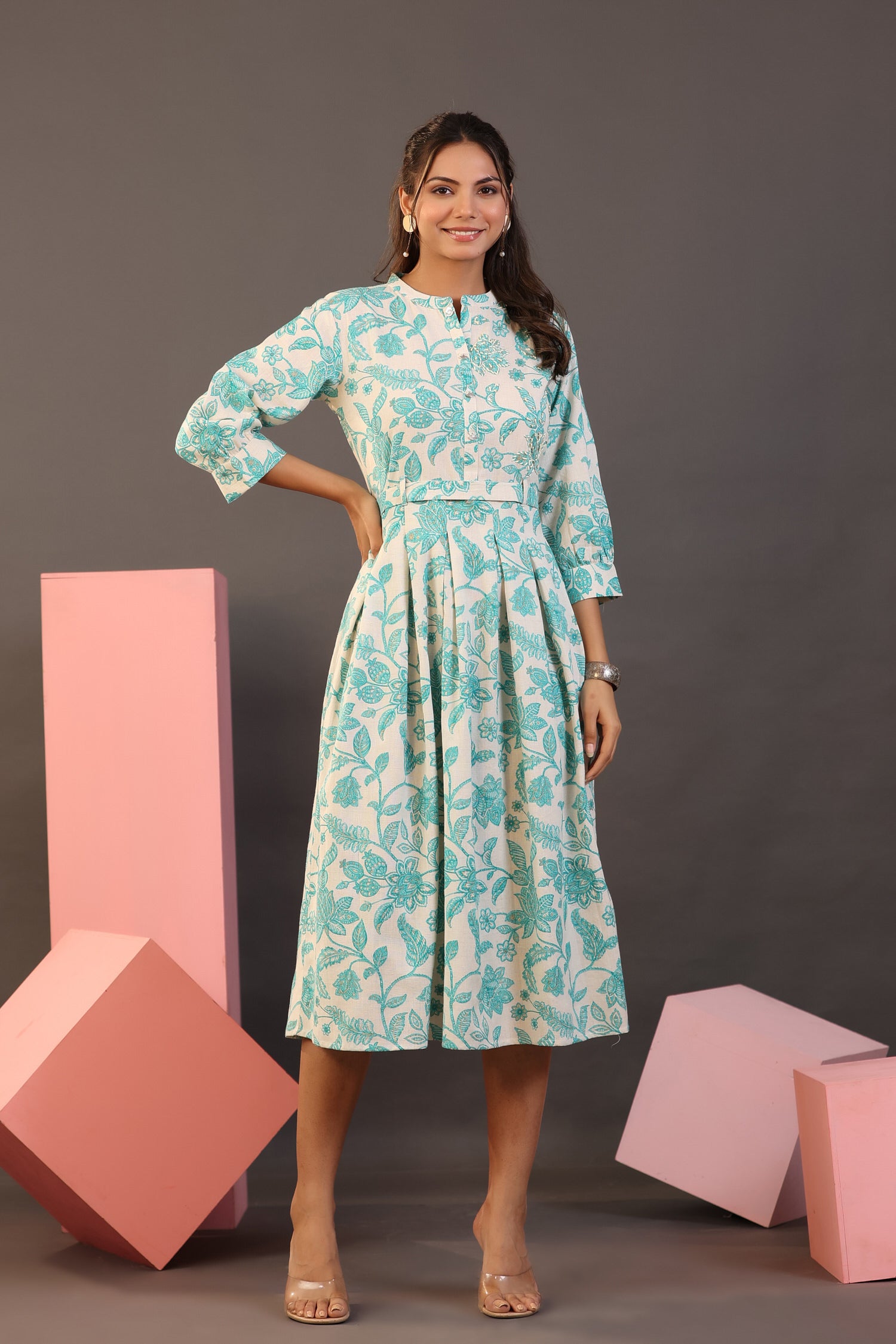 Turquoise Floral on White Midi Cotton Flex Dress