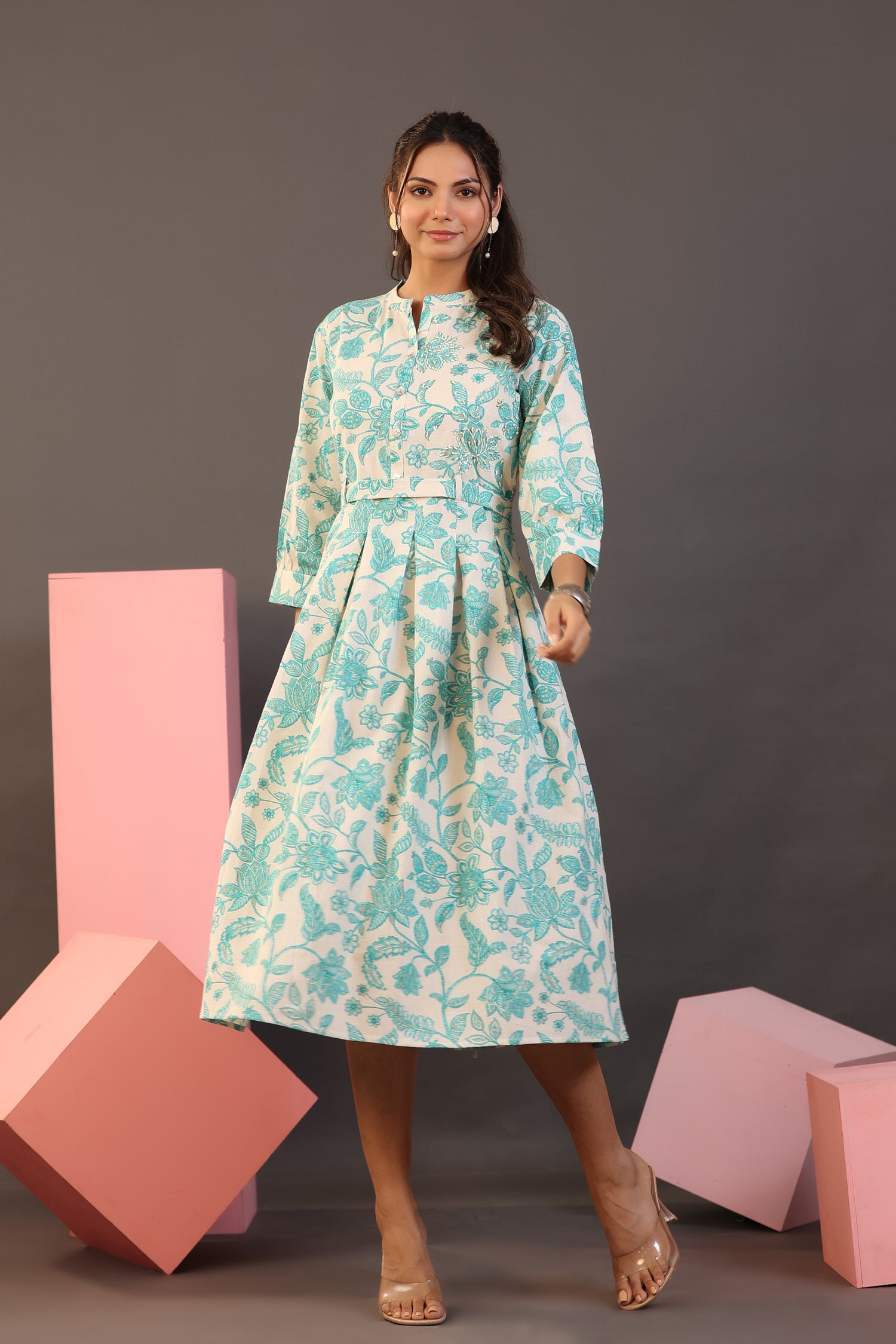 Turquoise Floral on White Midi Cotton Flex Dress