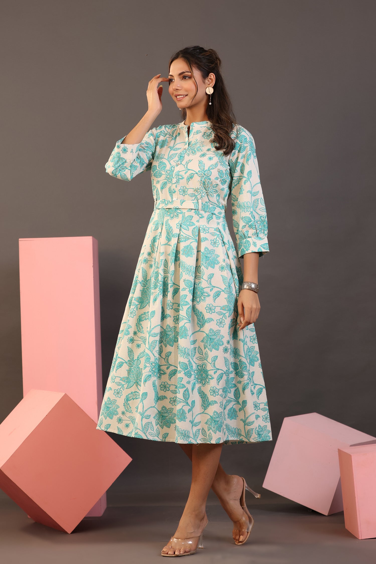 Turquoise Floral on White Midi Cotton Flex Dress