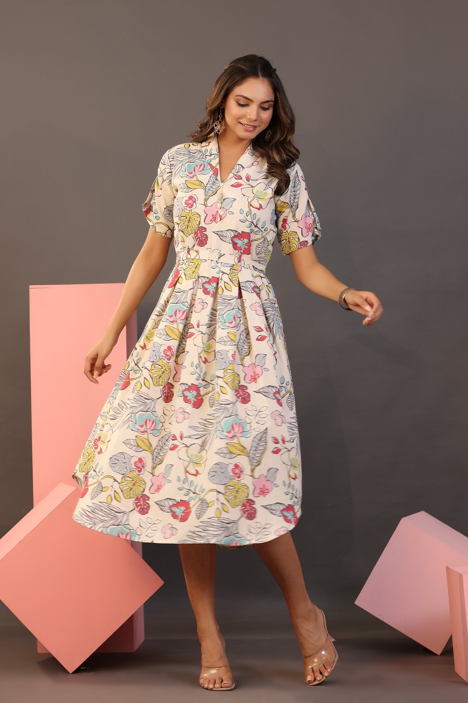 Botanical Garden on Off white MIDI Cotton Flex Dress