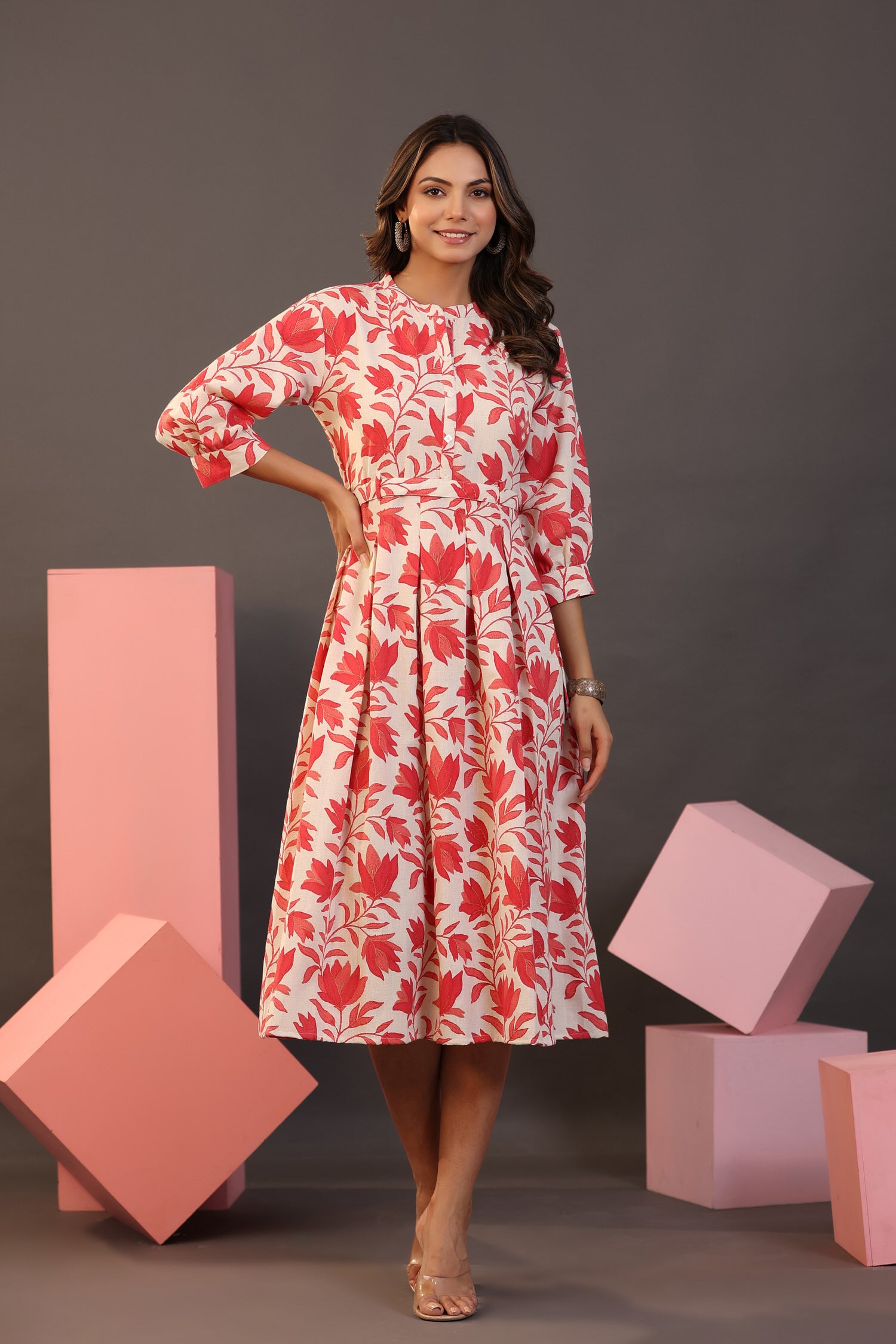 Red florals on white Midi Cotton Flex Dress