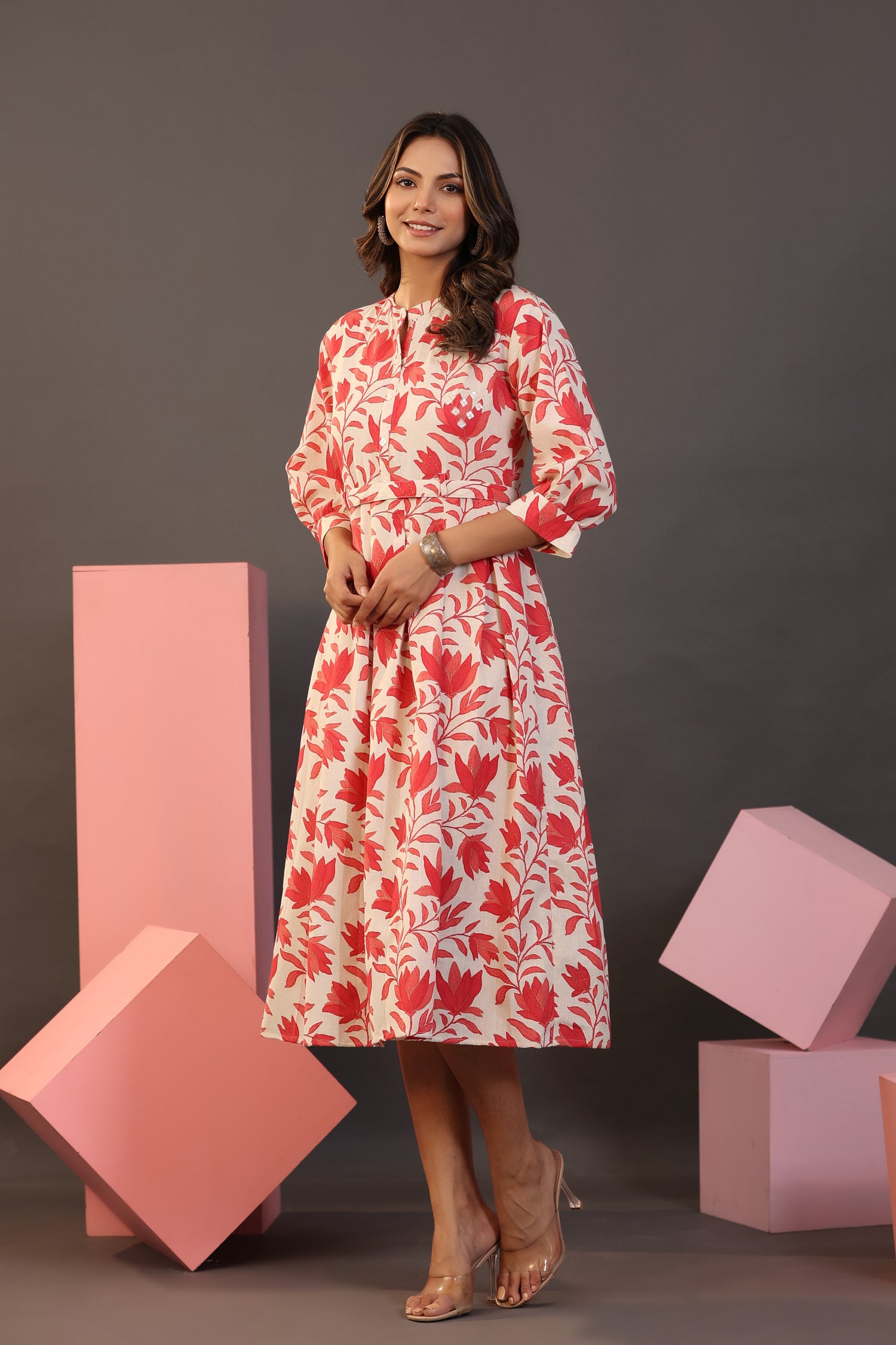 Red florals on white Midi Cotton Flex Dress