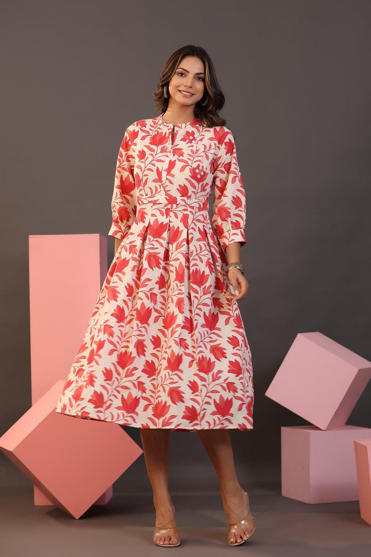Red florals on white Midi Cotton Flex Dress