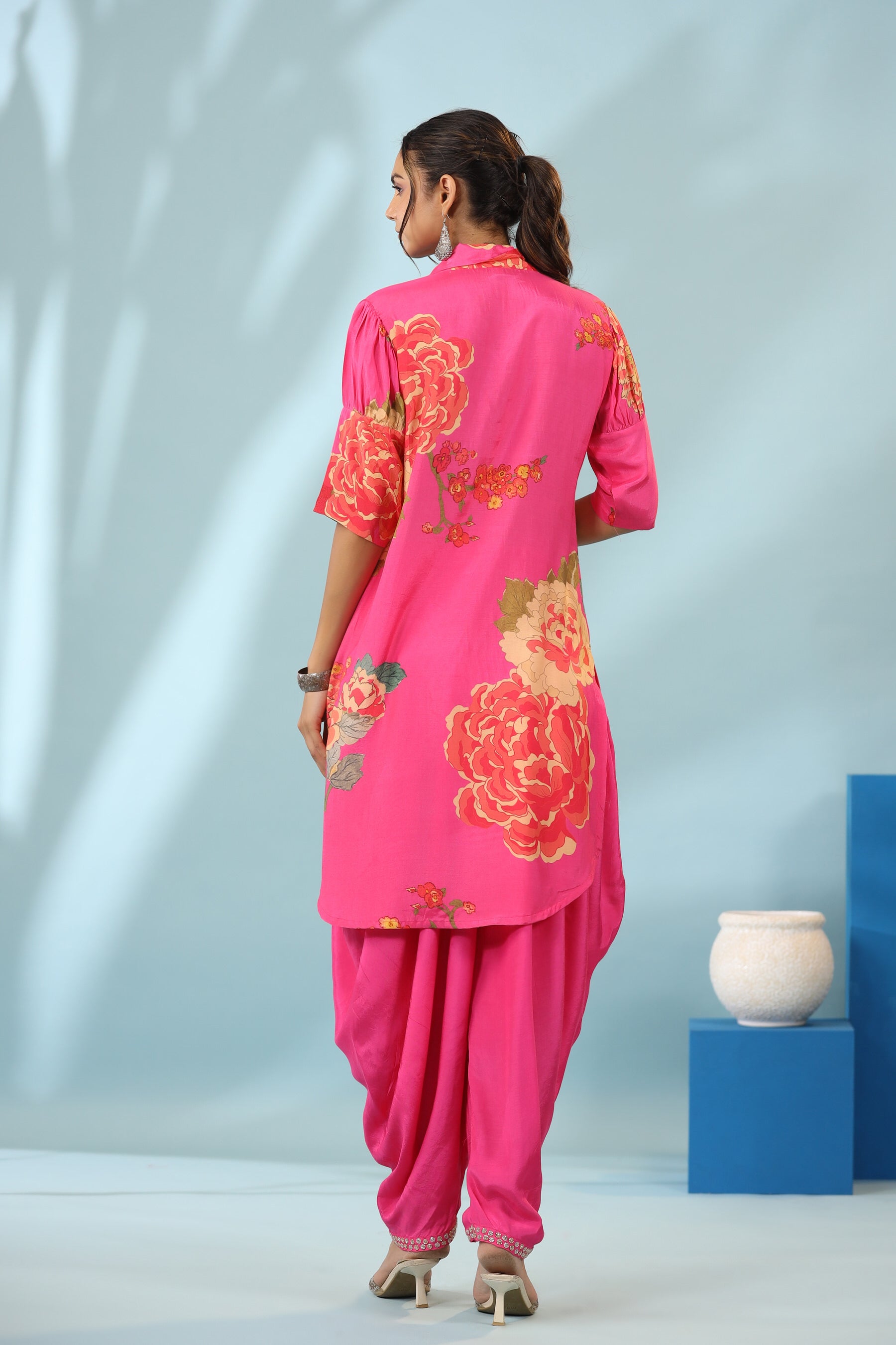 Raspberry Floral Bloom Dhoti Pants Muslin Silk Co-ord Set