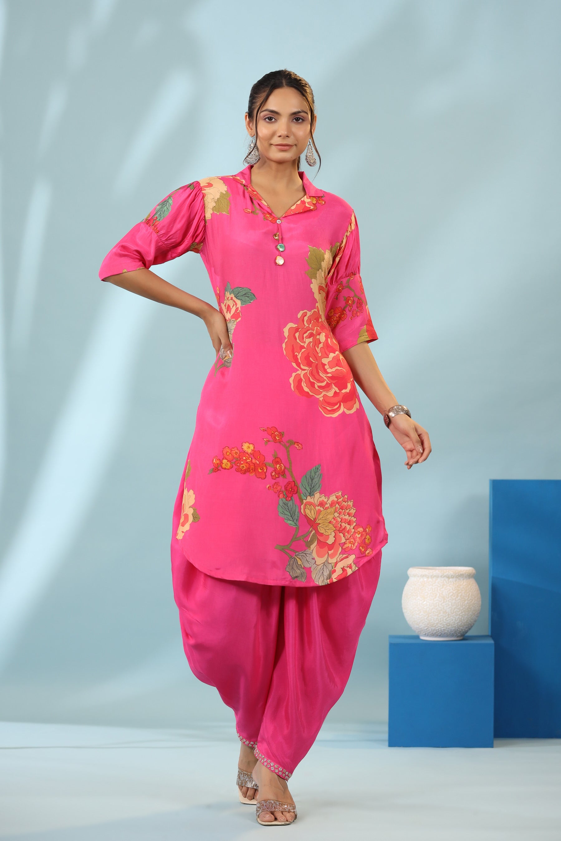 Raspberry Floral Bloom Dhoti Pants Muslin Silk Co-ord Set