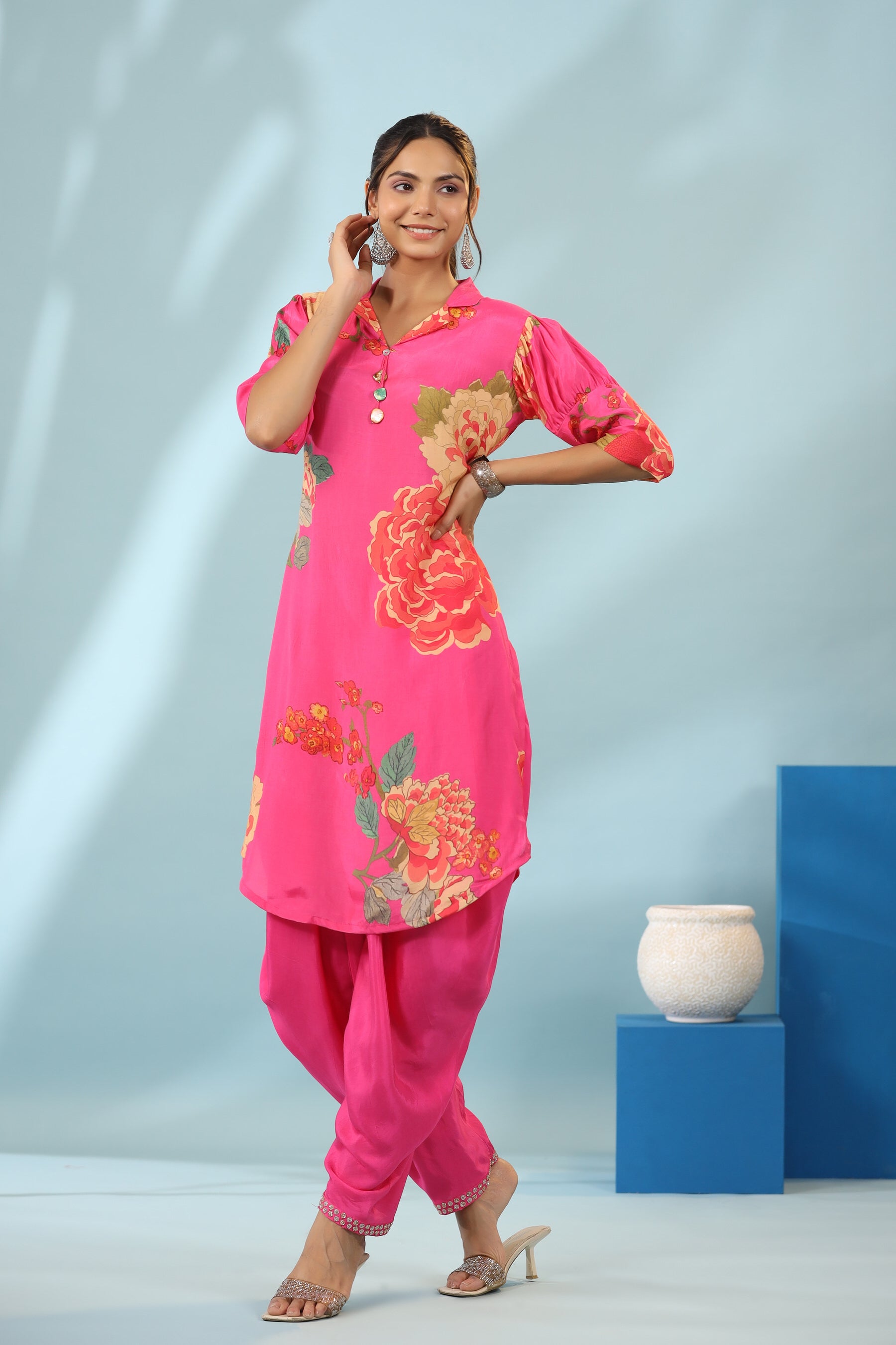 Raspberry Floral Bloom Dhoti Pants Muslin Silk Co-ord Set