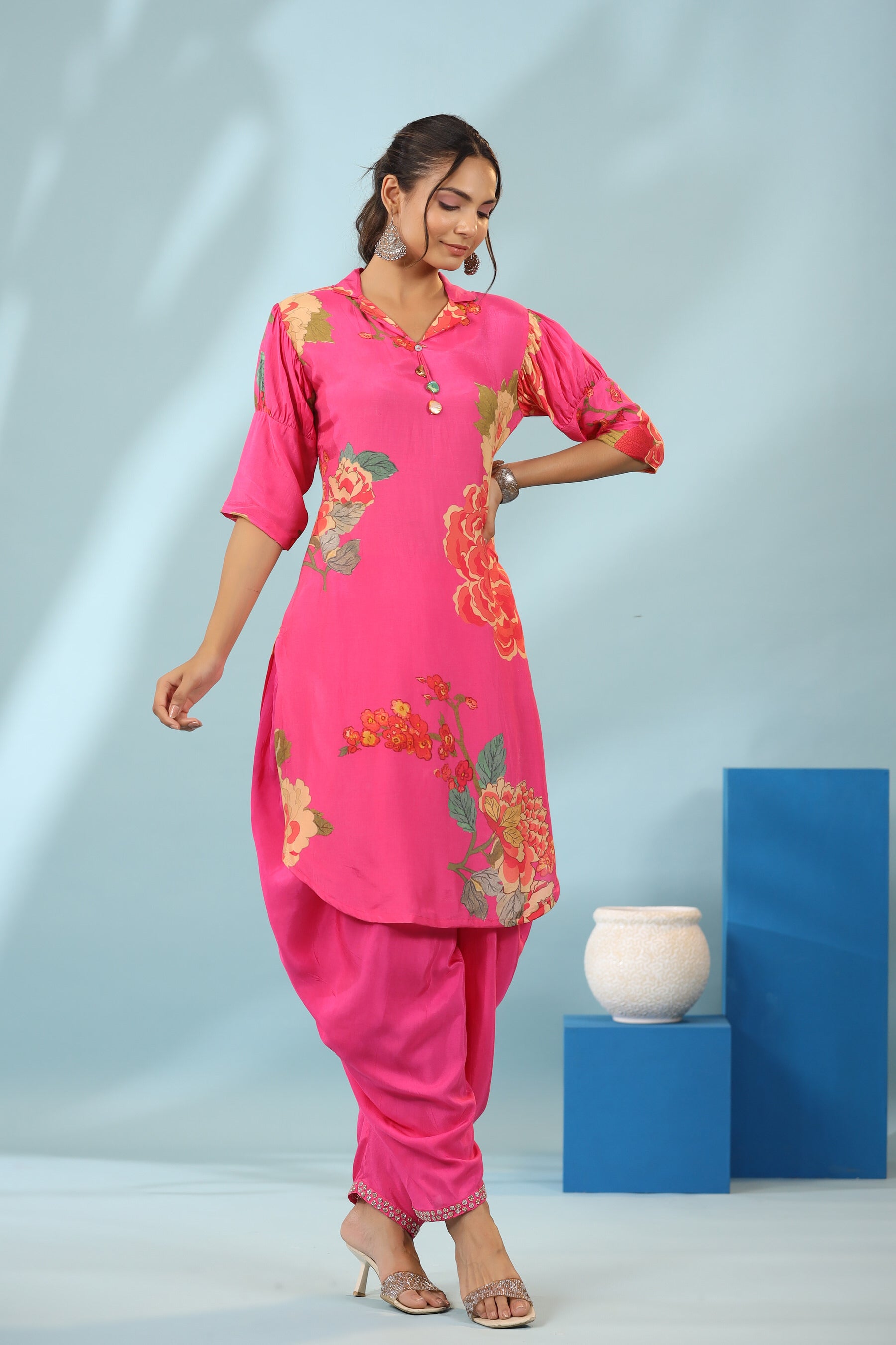 Raspberry Floral Bloom Dhoti Pants Muslin Silk Co-ord Set