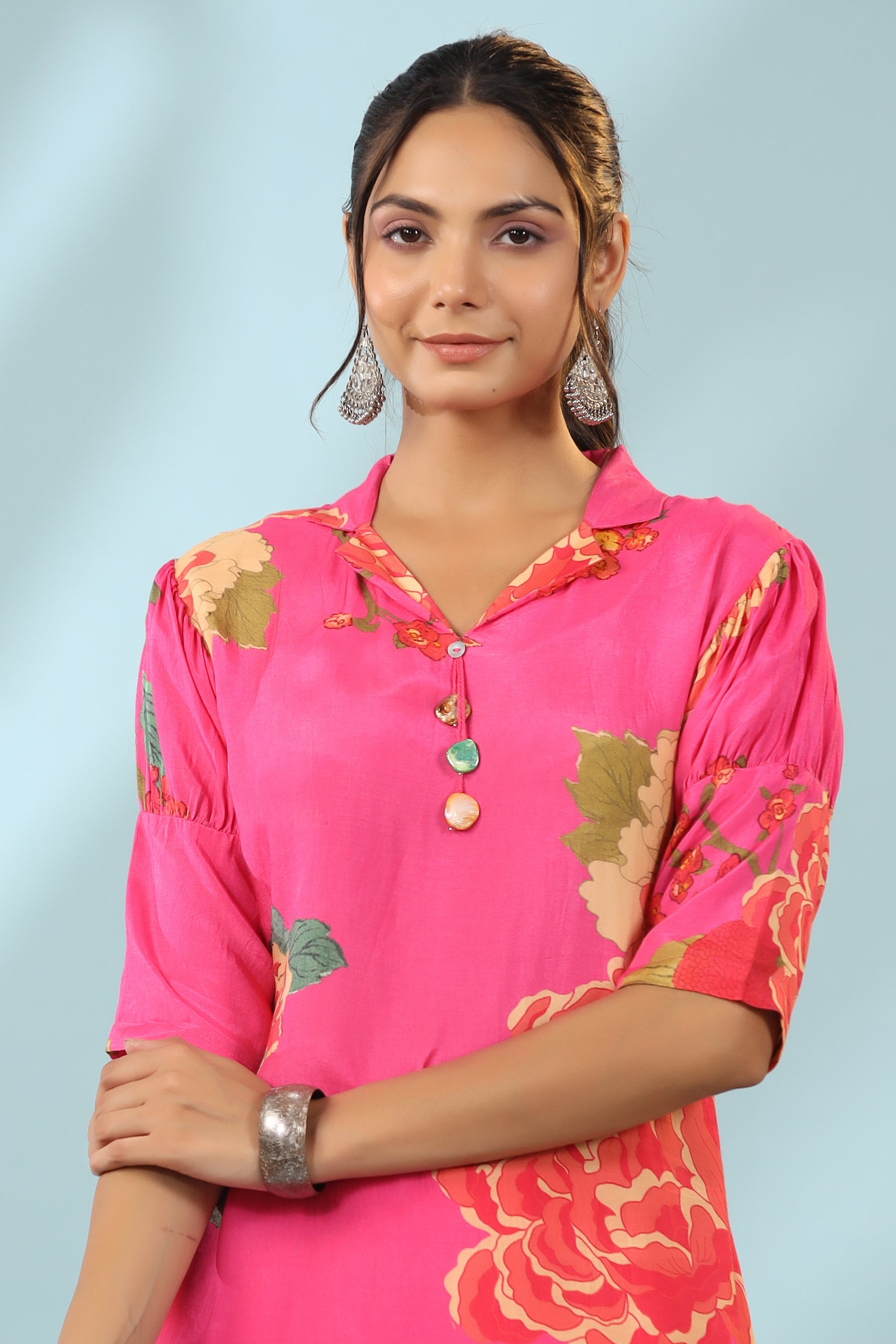 Raspberry Floral Bloom Dhoti Pants Muslin Silk Co-ord Set