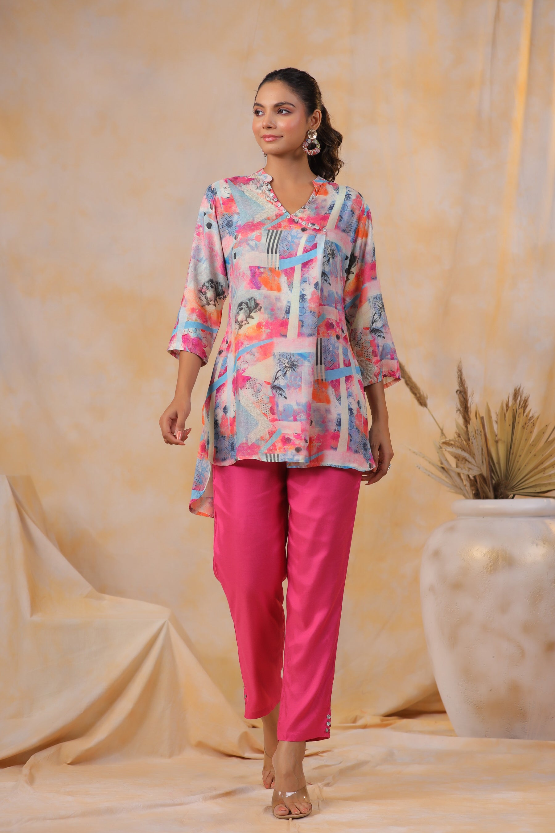 Pink Tropical Eda Muslin Silk Co-ord Set