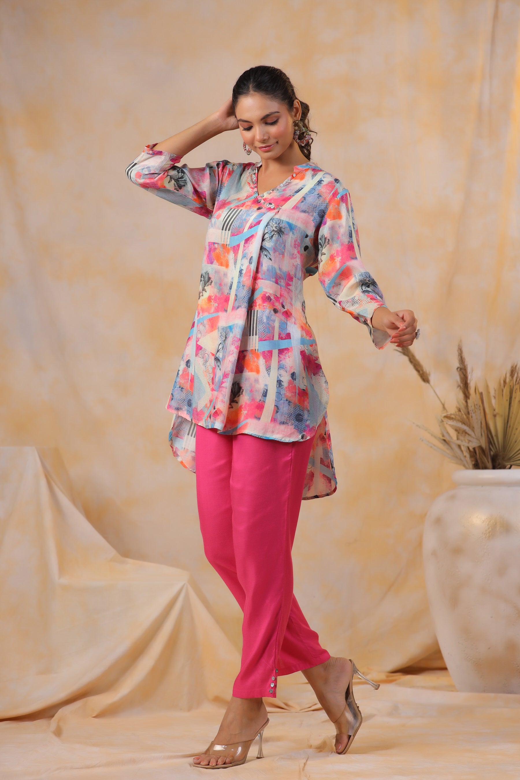 Pink Tropical Eda Muslin Silk Co-ord Set