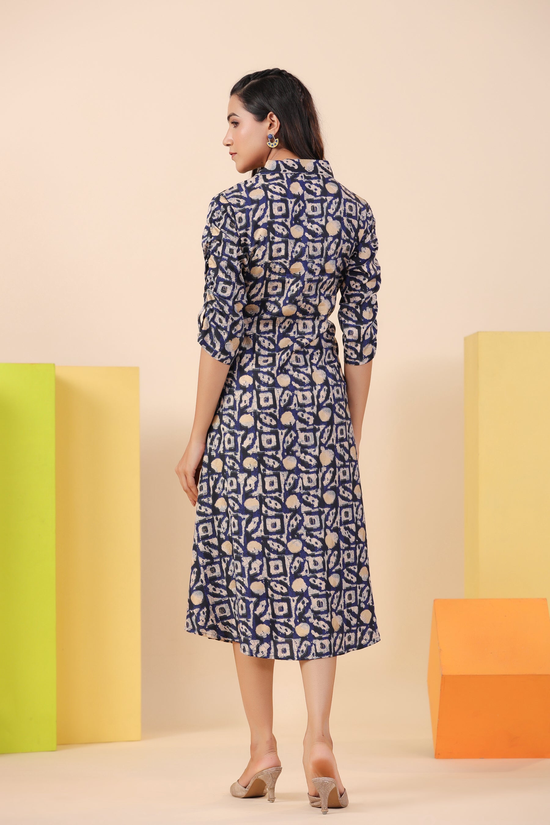 Blue Bagru Print on Russian Silk Midi Dress