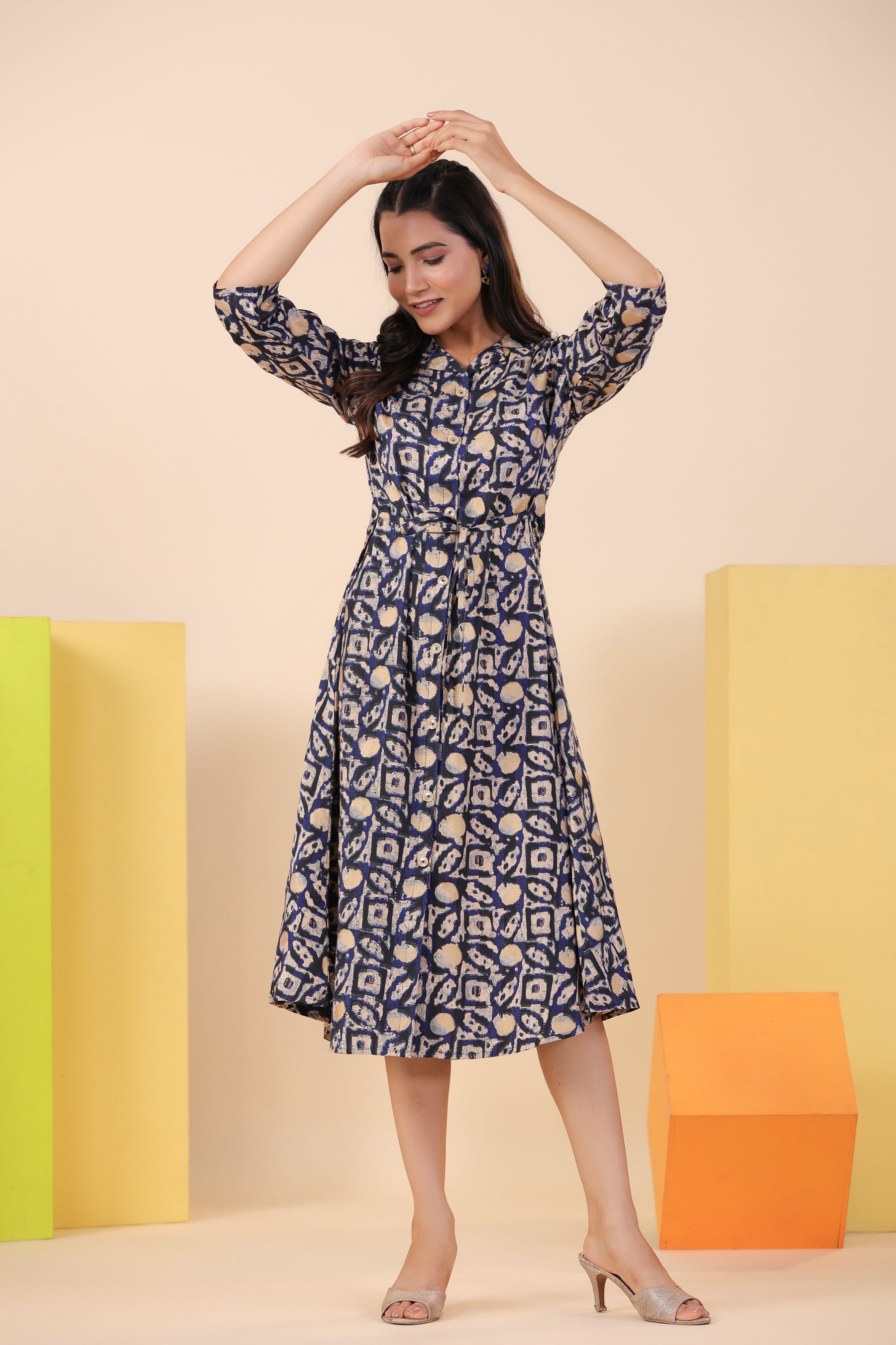 Blue Bagru Print on Russian Silk Midi Dress