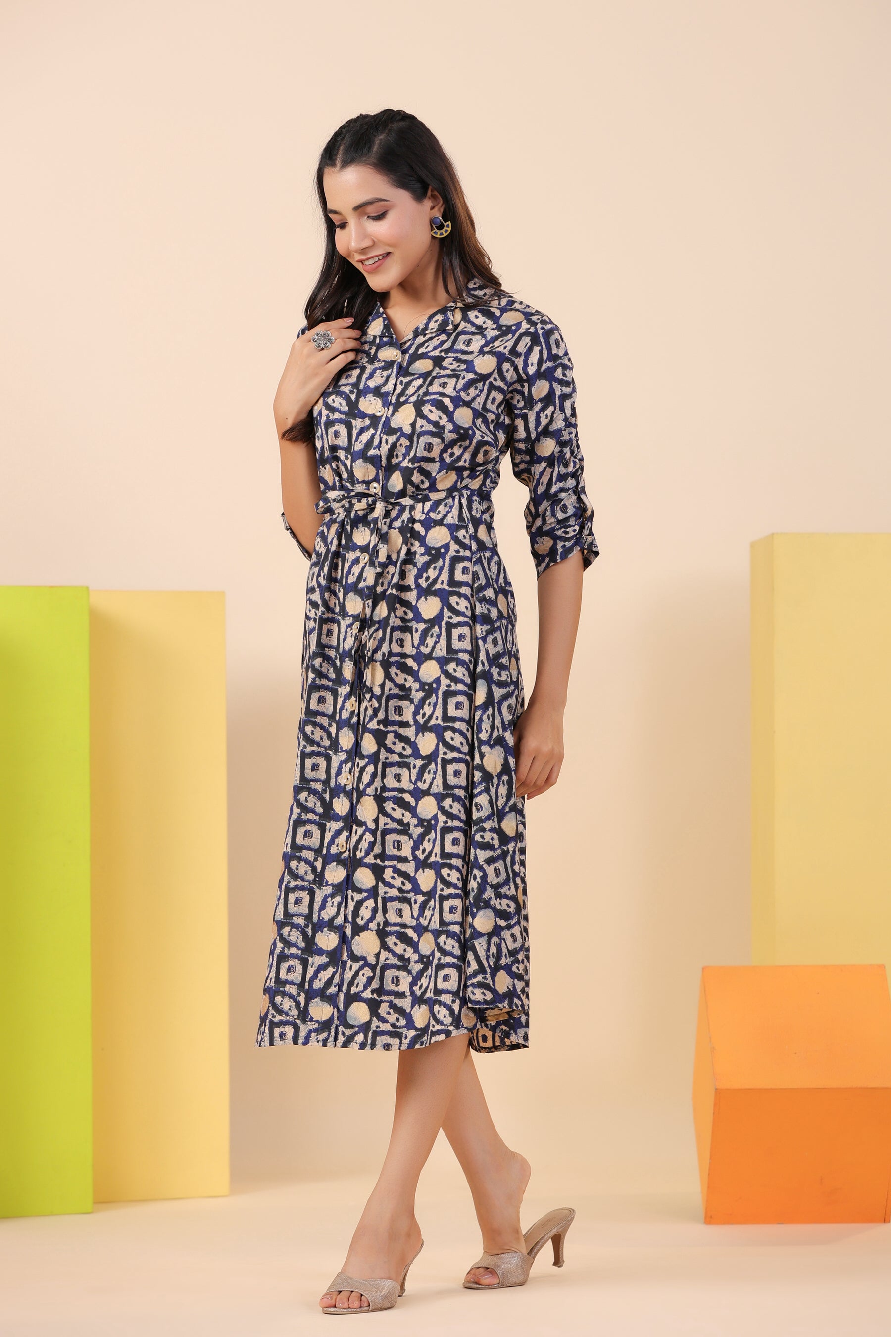 Blue Bagru Print on Russian Silk Midi Dress