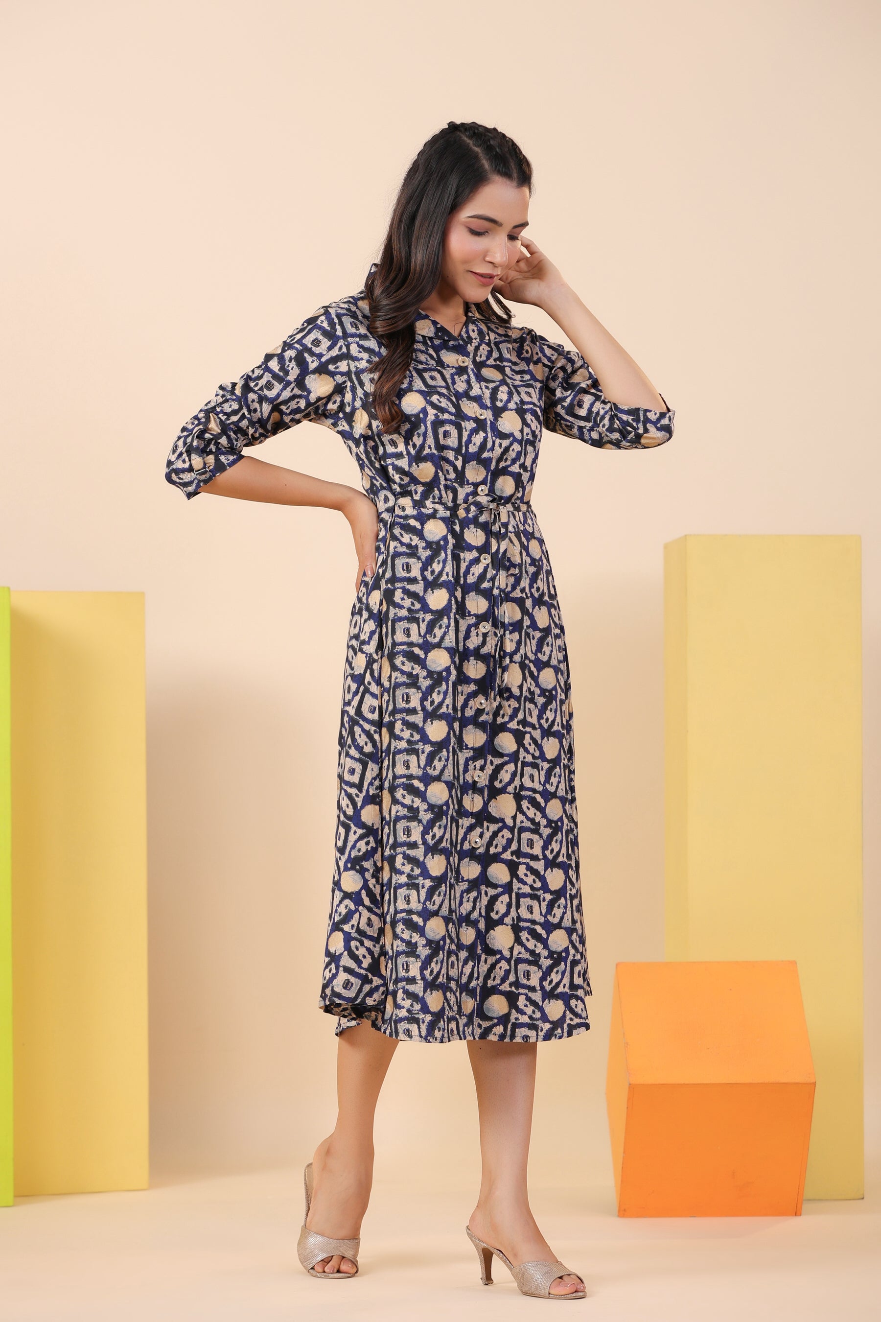 Blue Bagru Print on Russian Silk Midi Dress