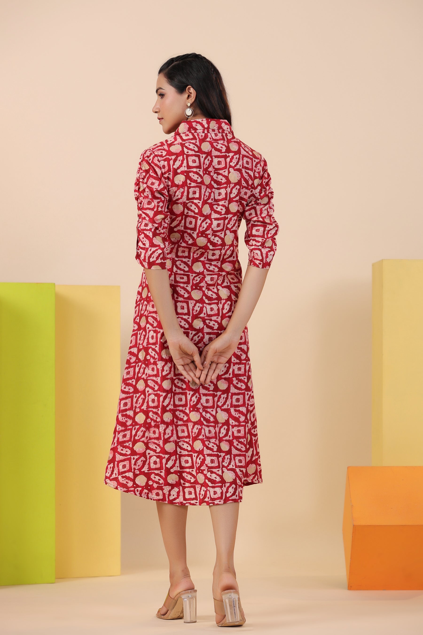 Red Bagru Print on Russian Silk Midi Dress
