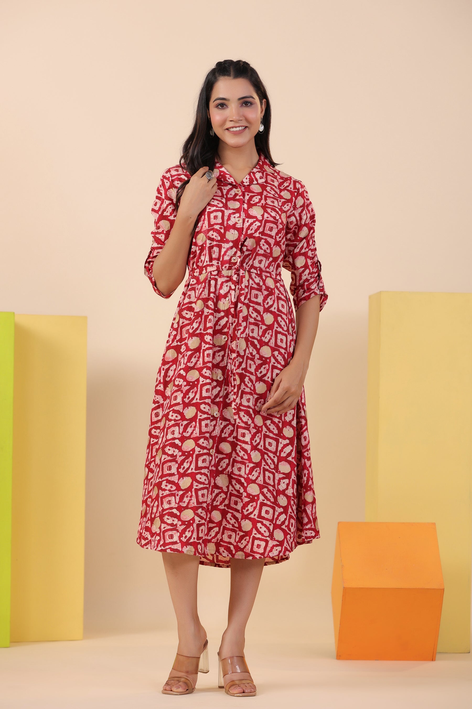 Red Bagru Print on Russian Silk Midi Dress