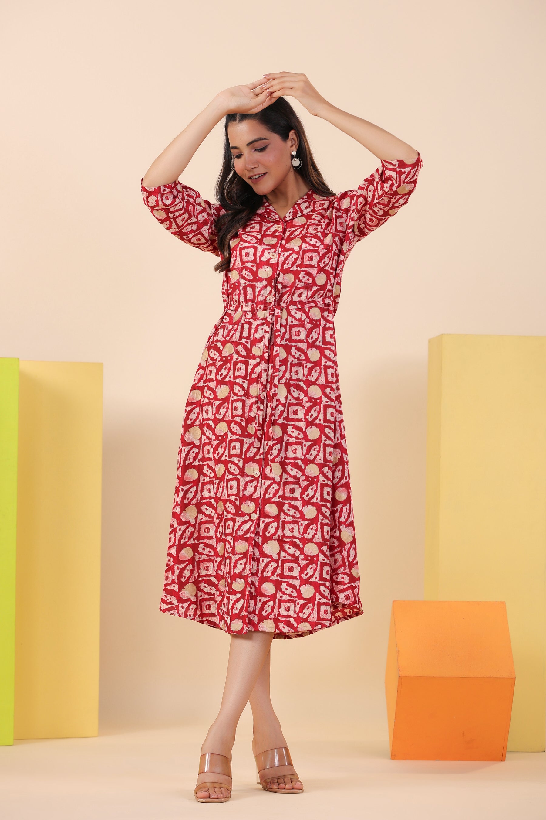 Red Bagru Print on Russian Silk Midi Dress