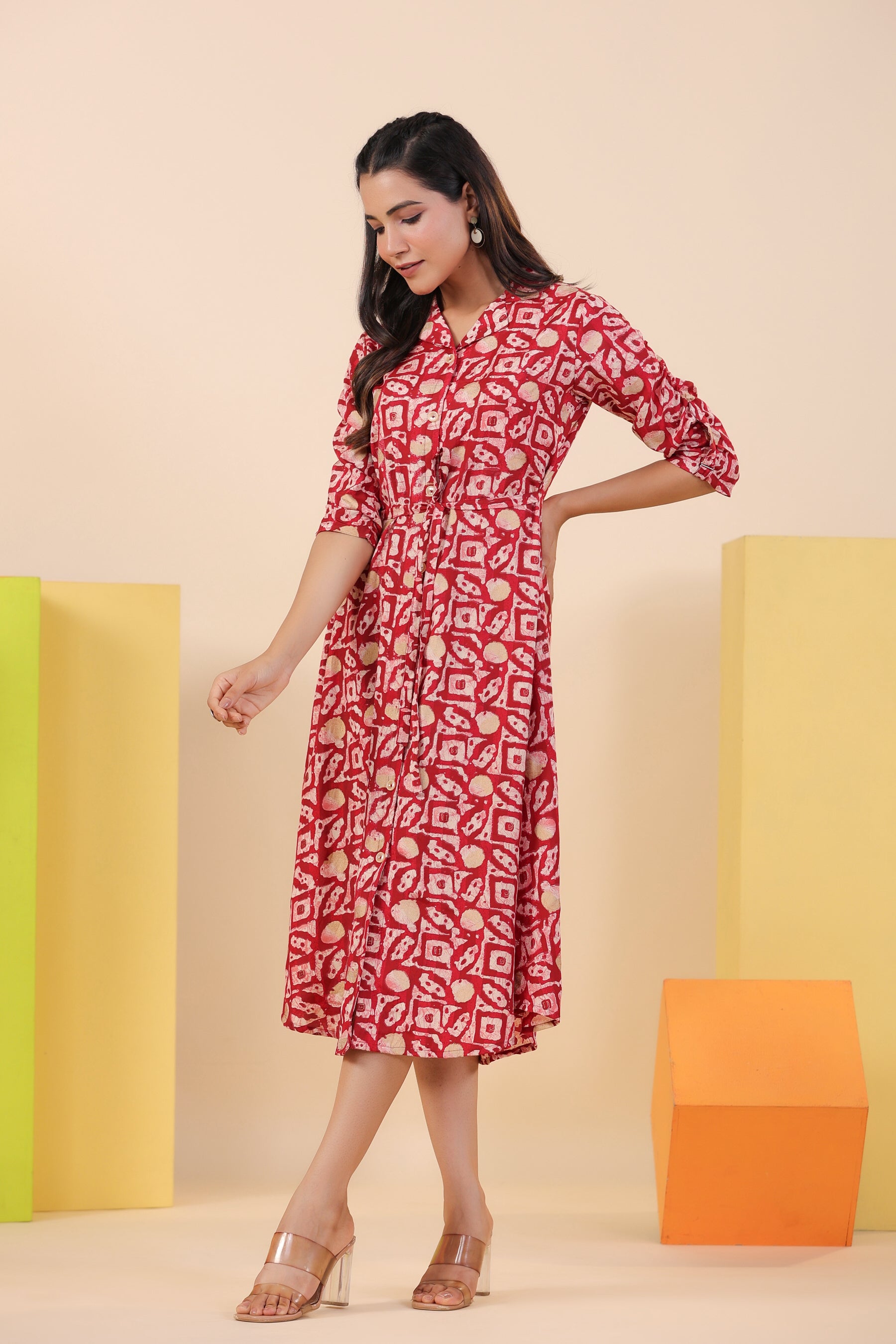 Red Bagru Print on Russian Silk Midi Dress