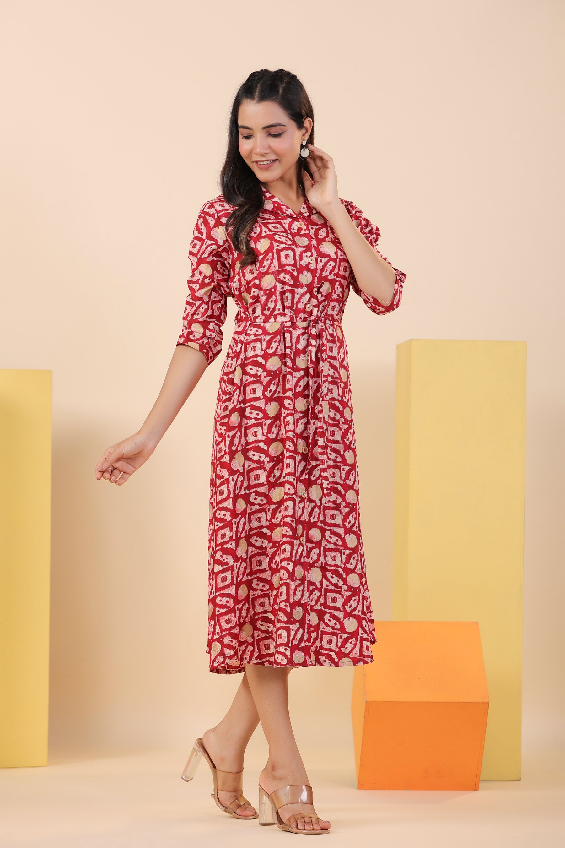 Red Bagru Print on Russian Silk Midi Dress