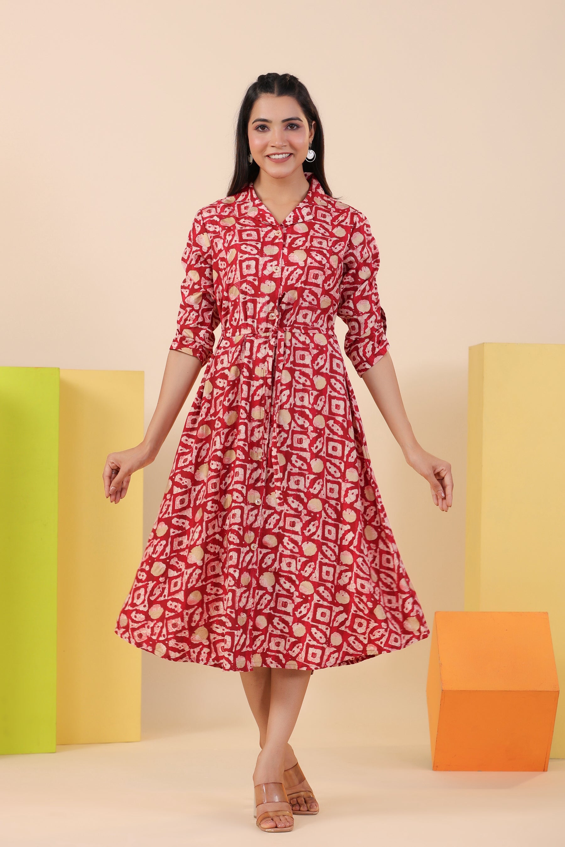 Red Bagru Print on Russian Silk Midi Dress