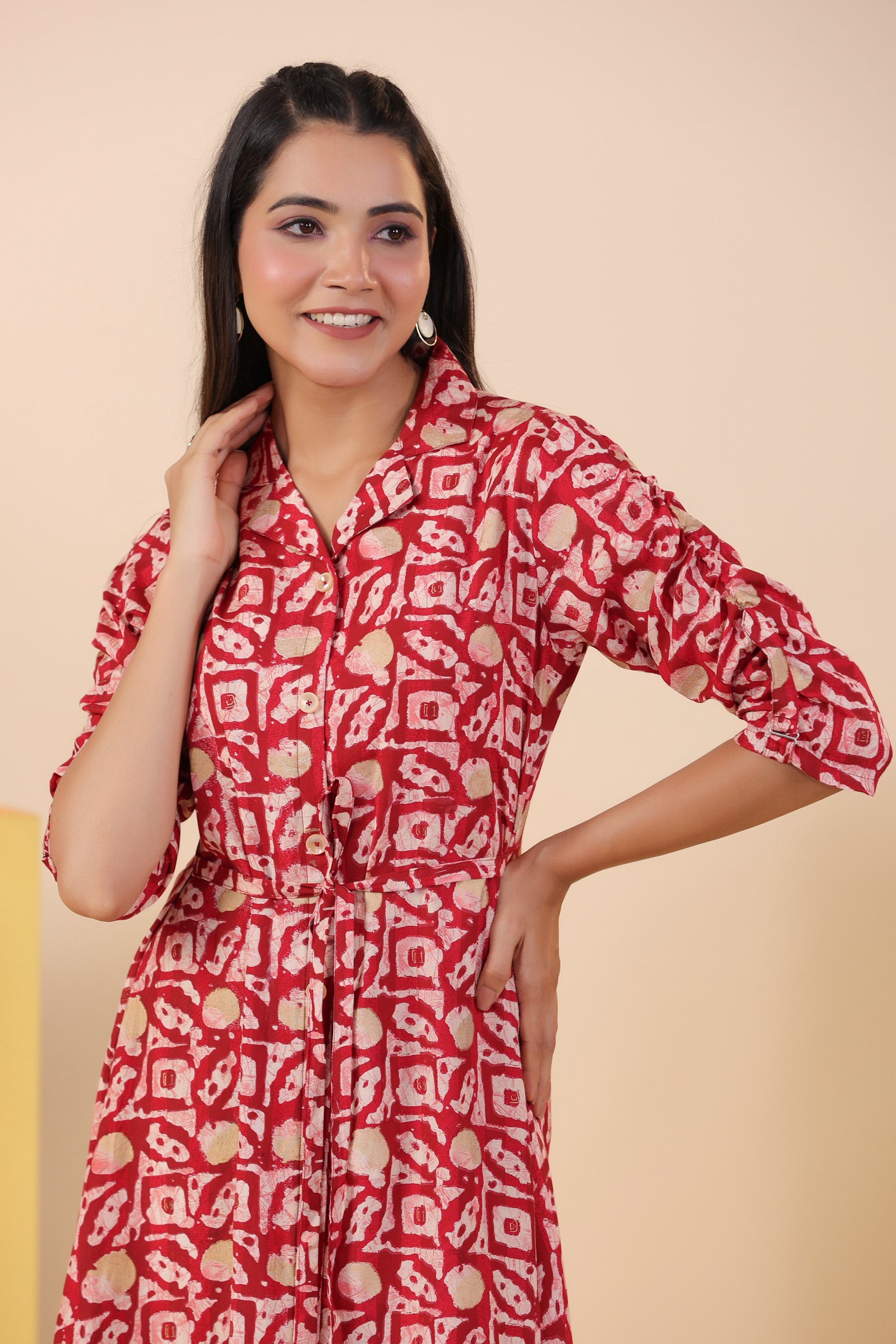 Red Bagru Print on Russian Silk Midi Dress