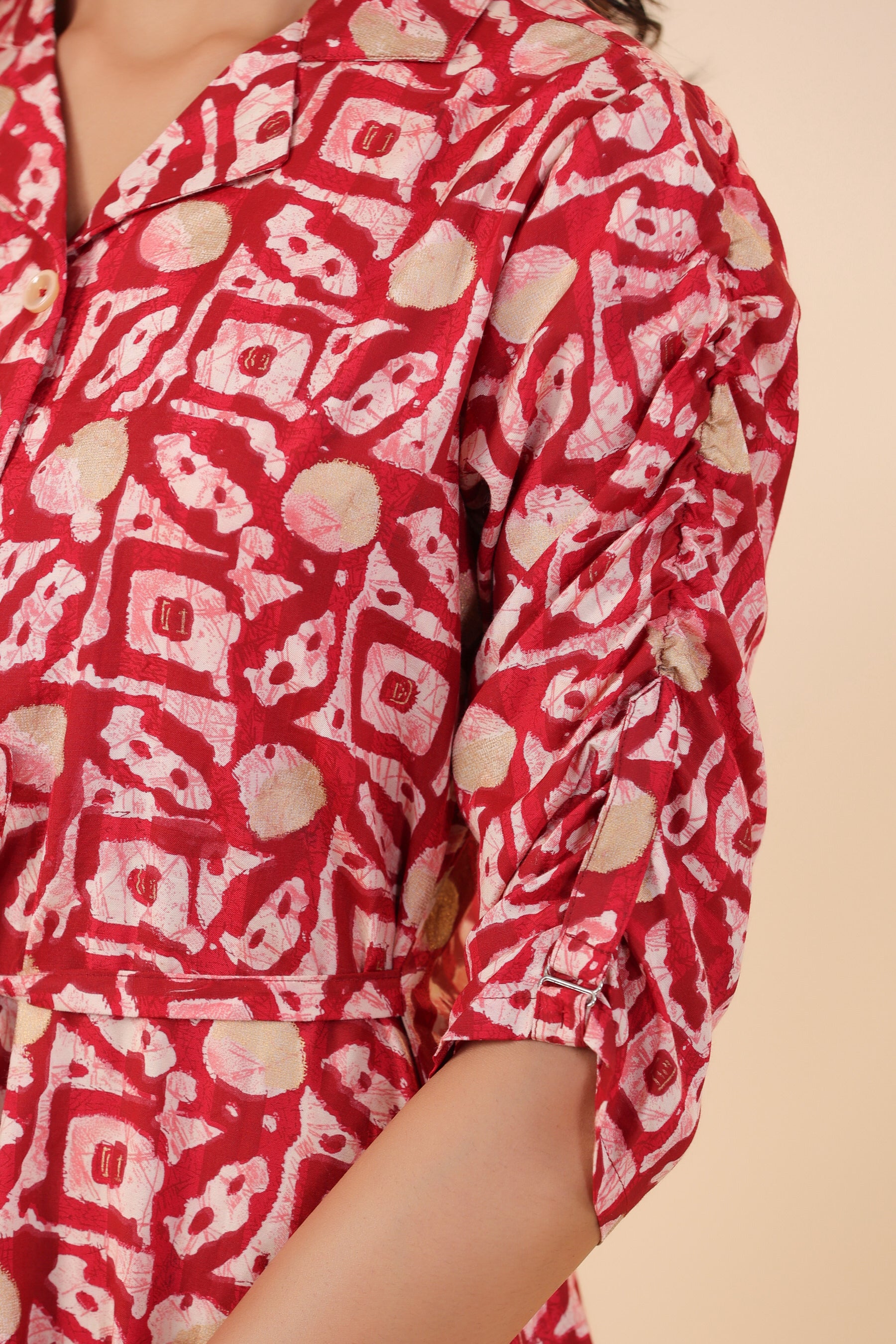 Red Bagru Print on Russian Silk Midi Dress