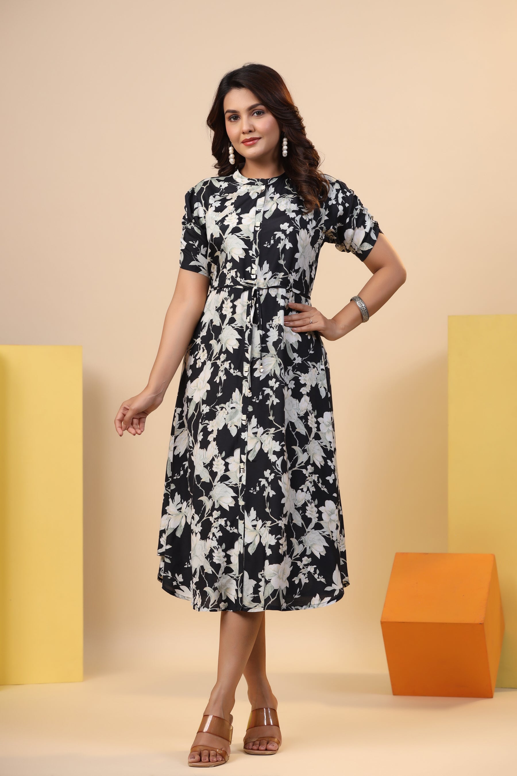Black Floral Print on Russian Silk Midi Dress