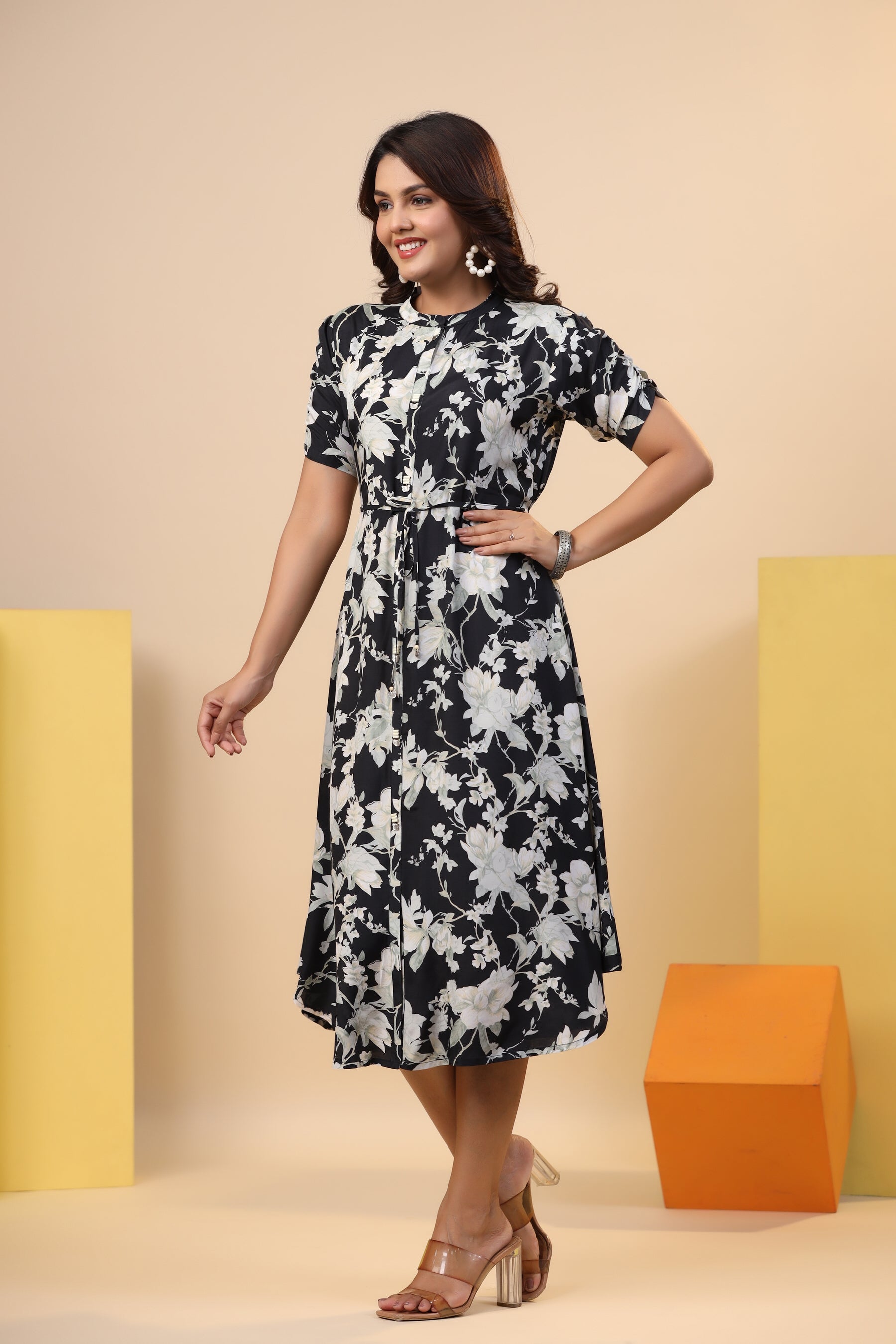 Black Floral Print on Russian Silk Midi Dress