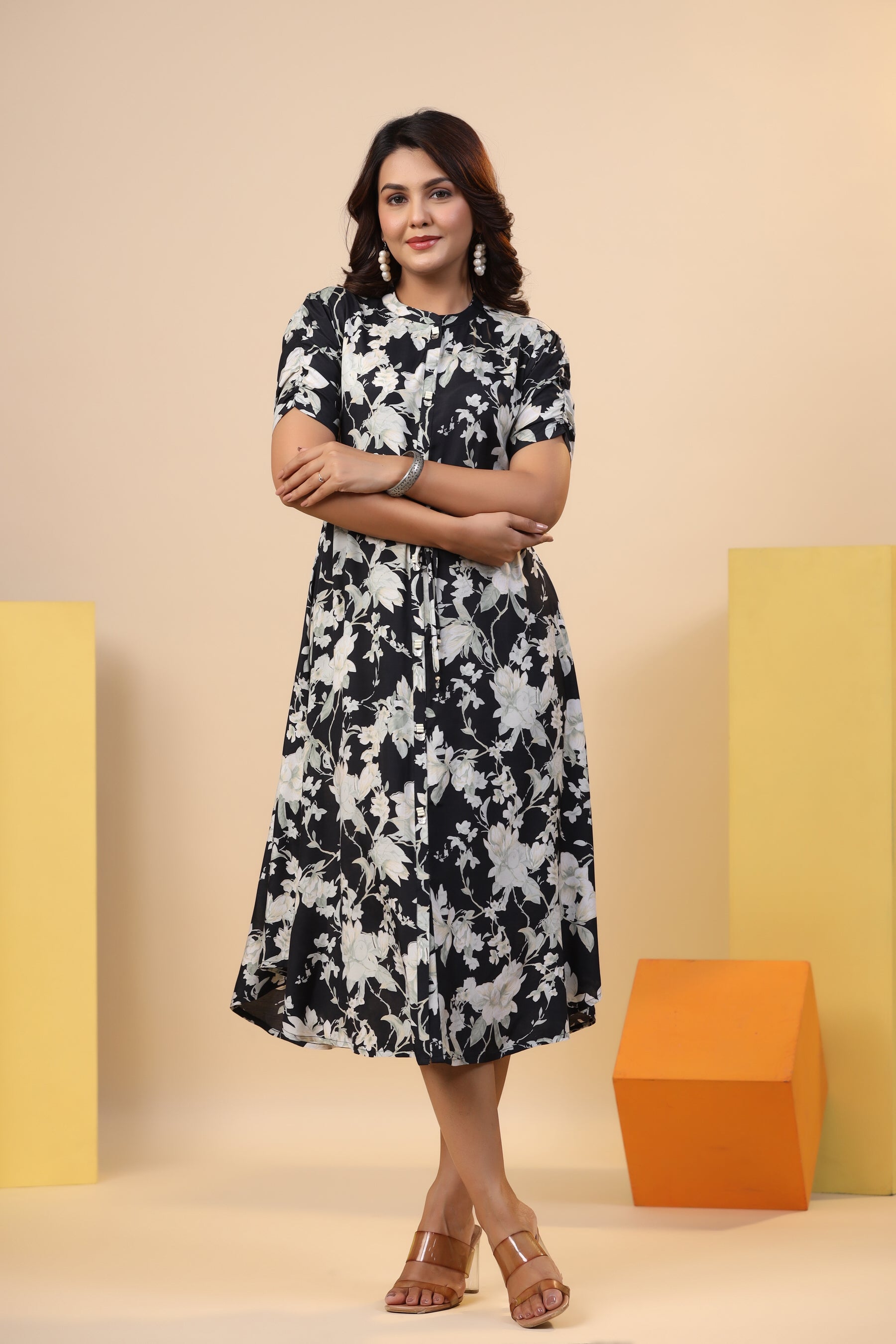 Black Floral Print on Russian Silk Midi Dress