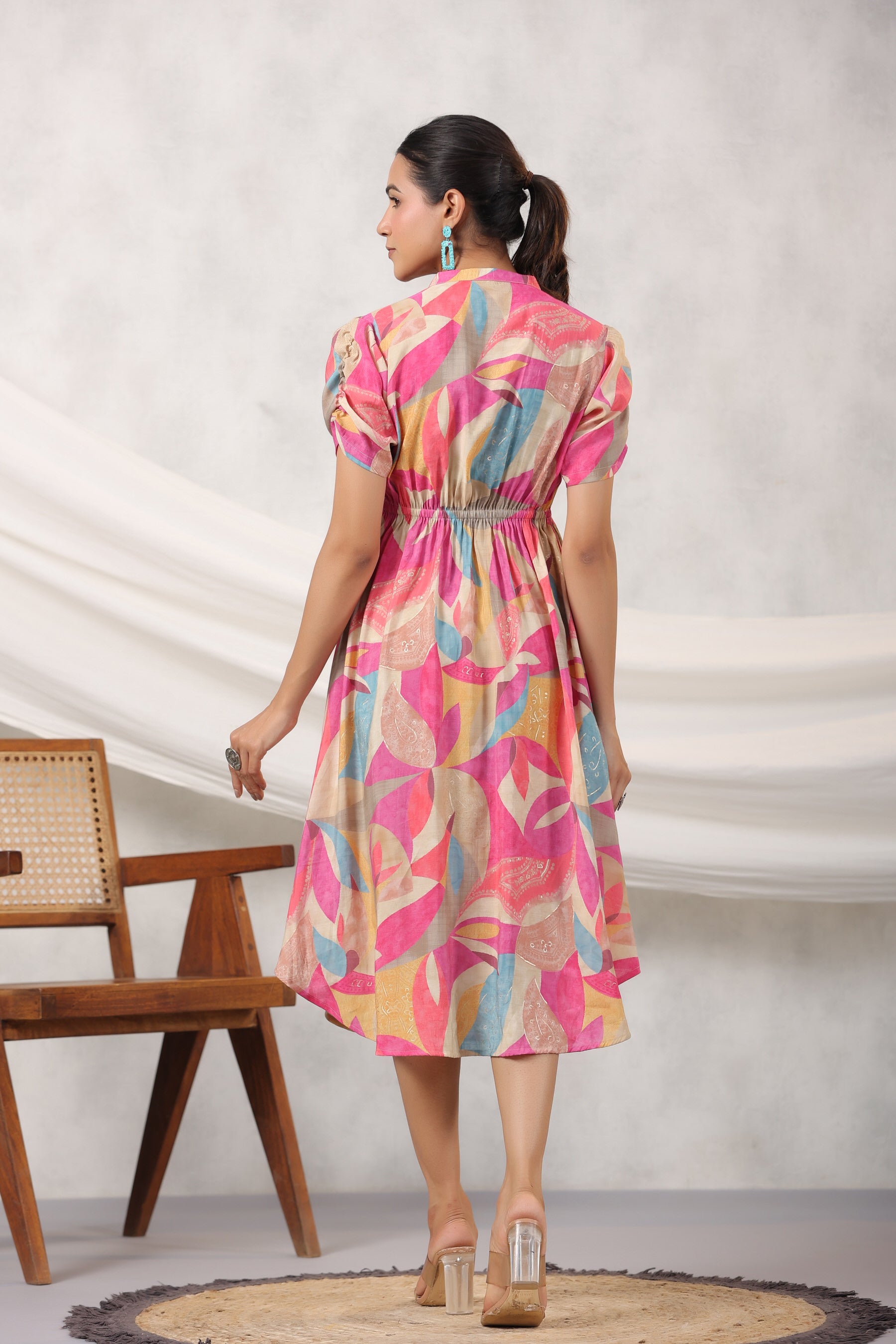 Pink Abstract Art on Midi Russian Silk Dress