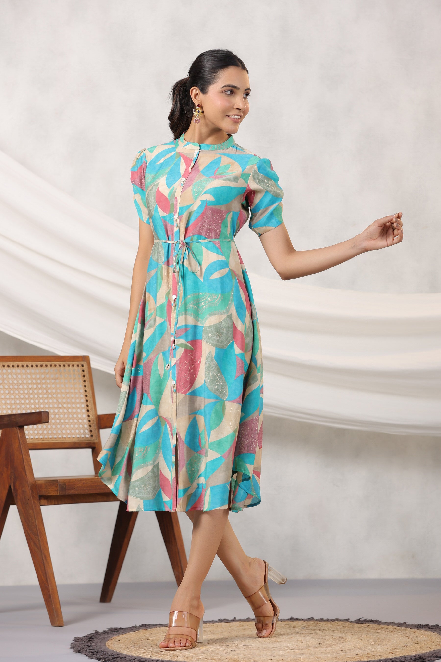 Blue Abstract Art on Russian Silk Midi Silk Dress