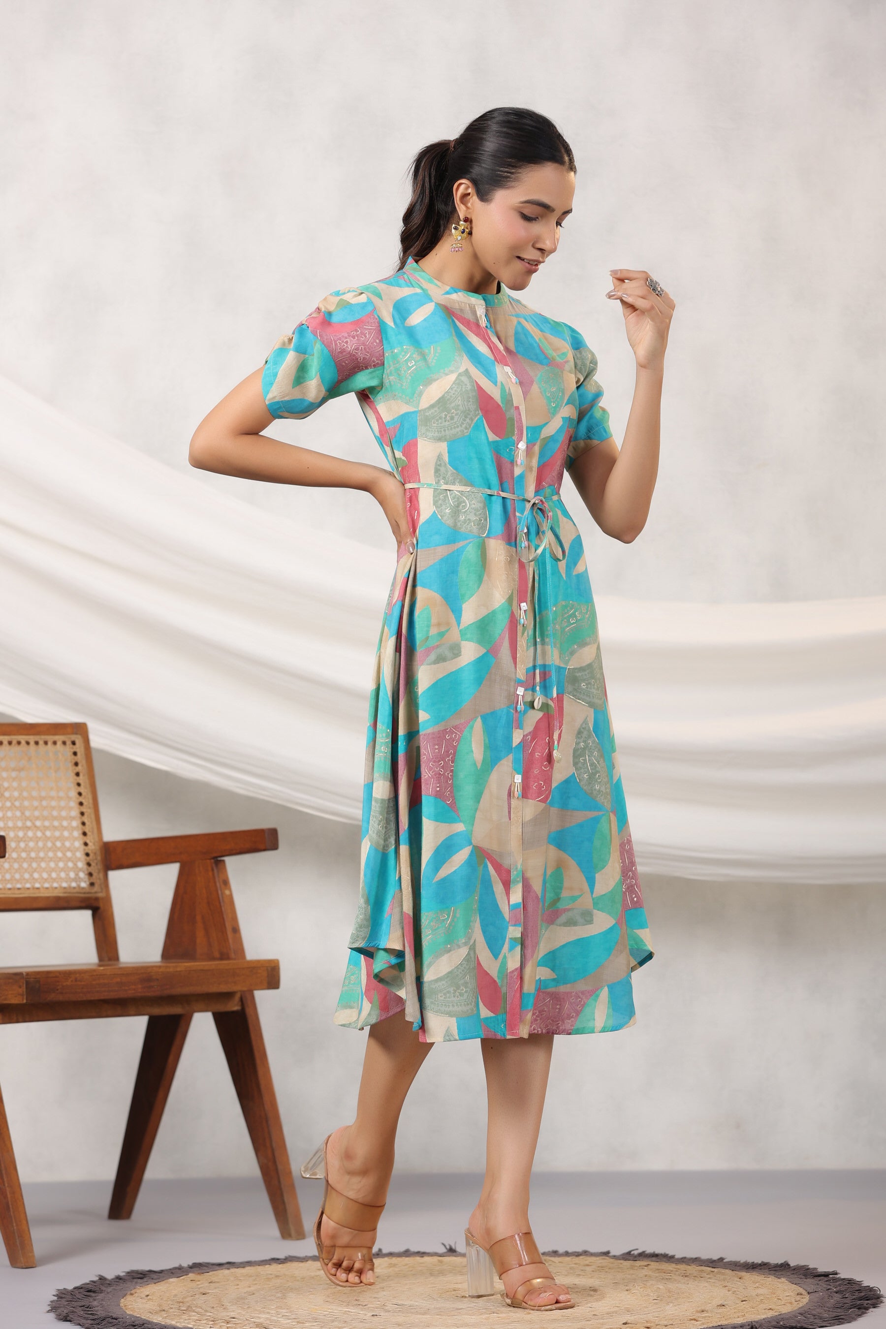Blue Abstract Art on Russian Silk Midi Silk Dress