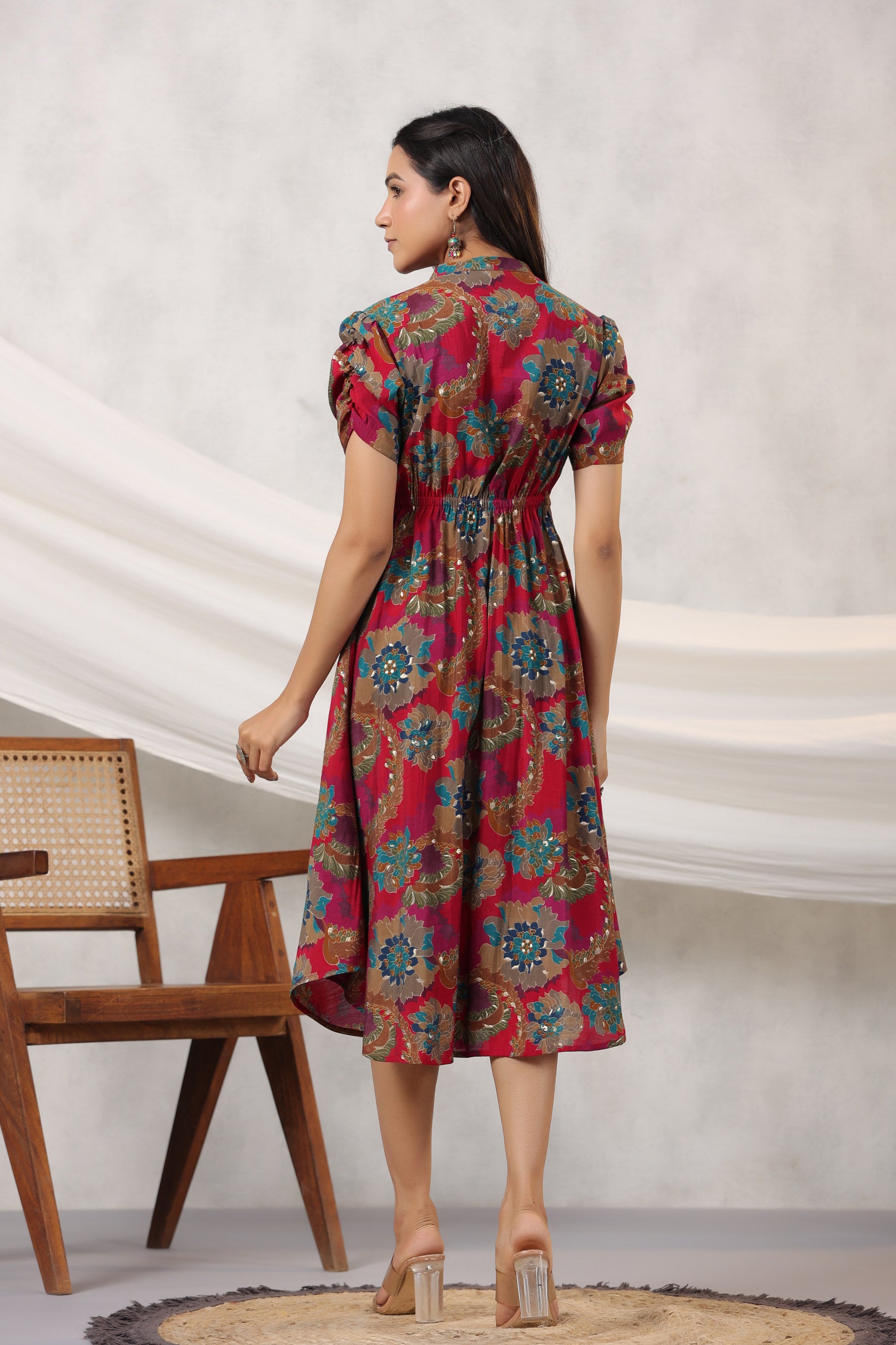 Red Floral Print on Russian Silk Midi Dress