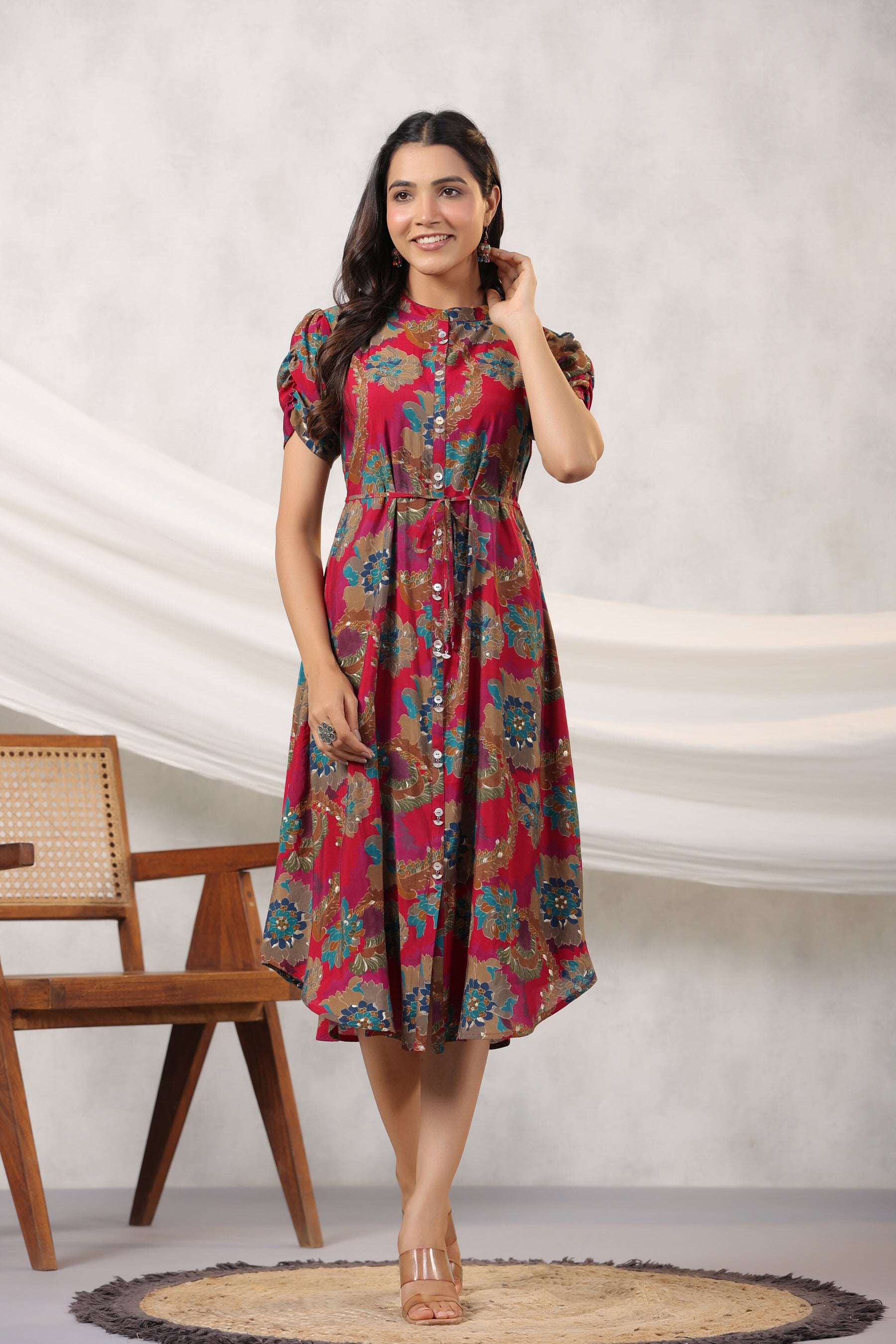 Red Floral Print on Russian Silk Midi Dress