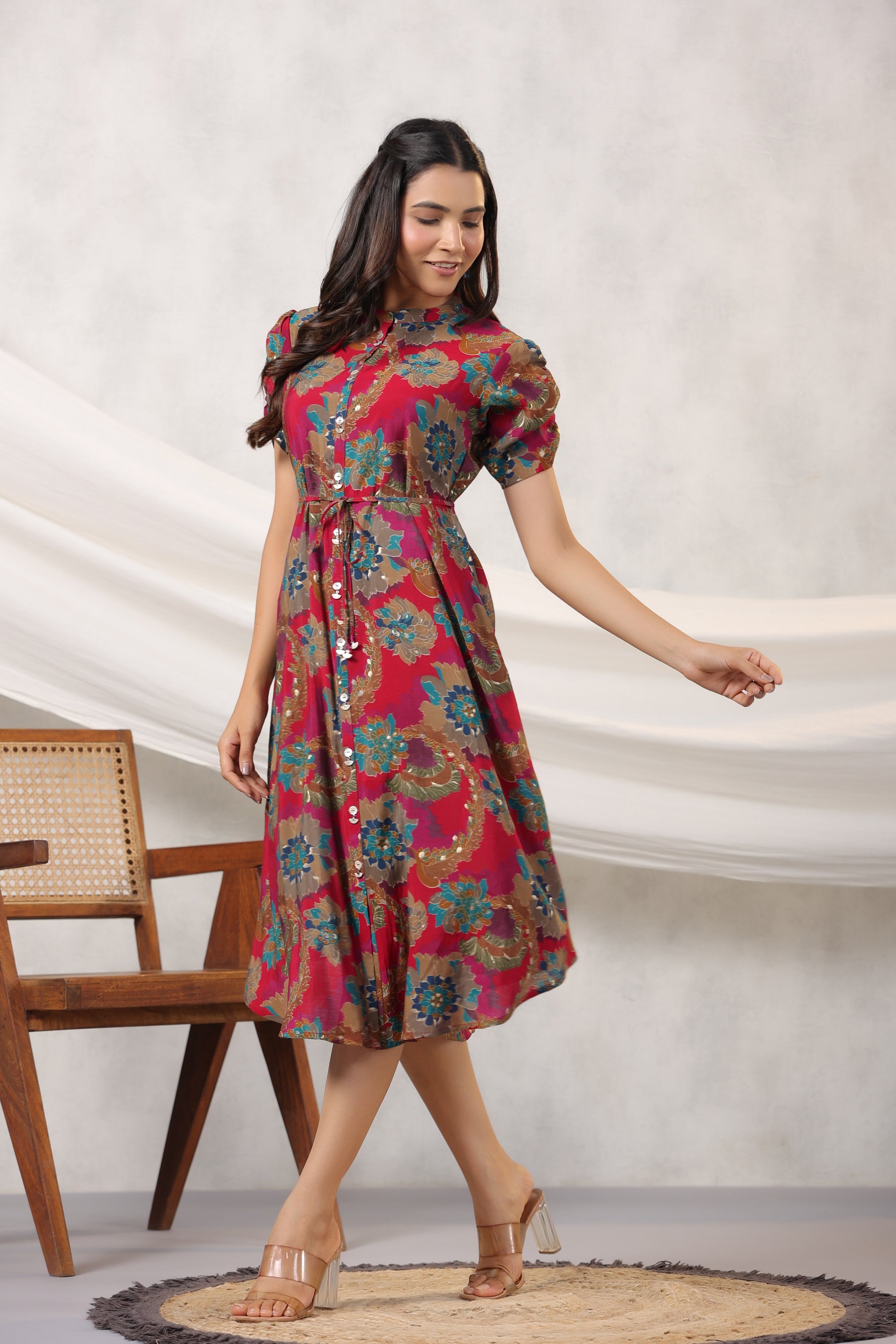 Red Floral Print on Russian Silk Midi Dress