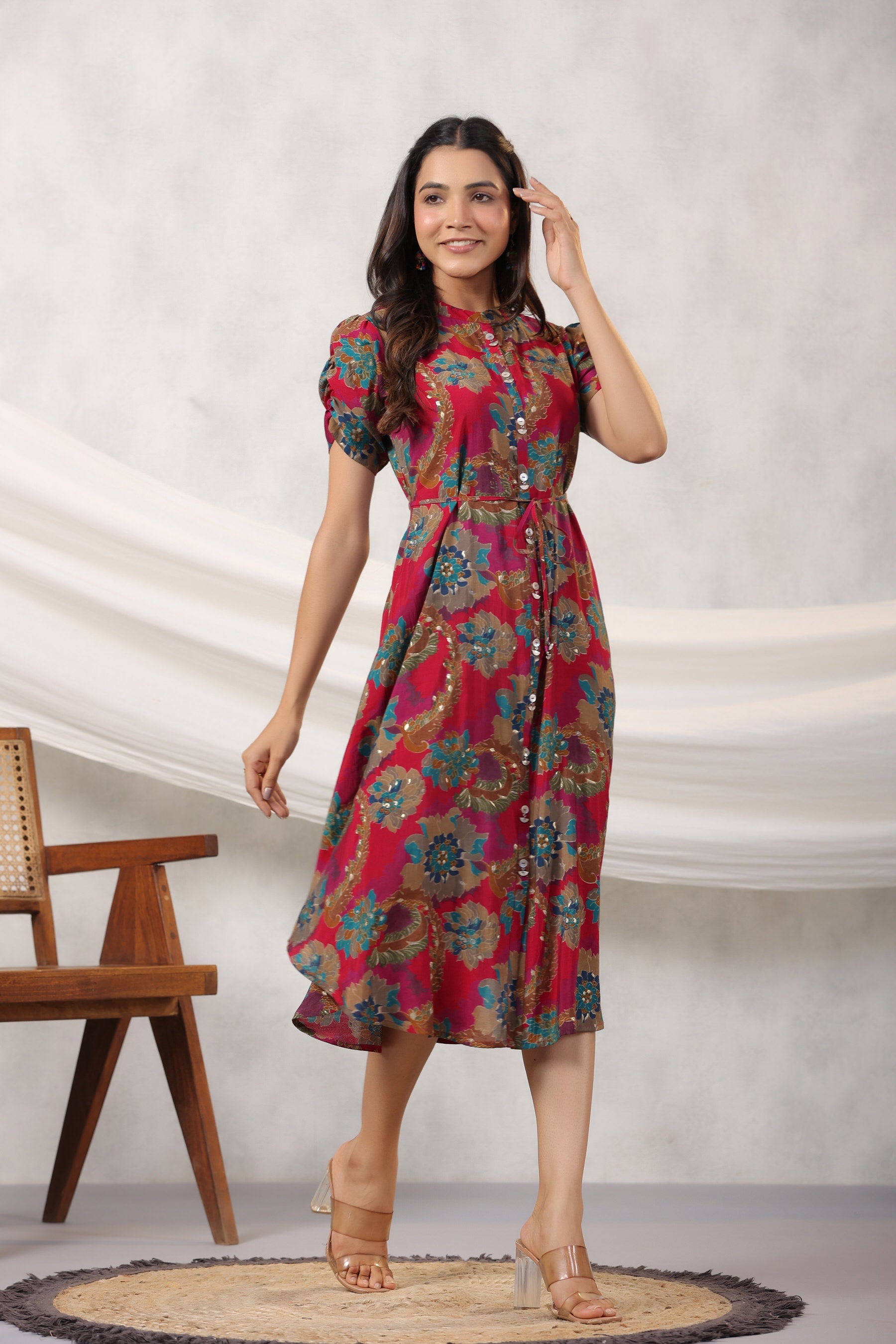 Red Floral Print on Russian Silk Midi Dress