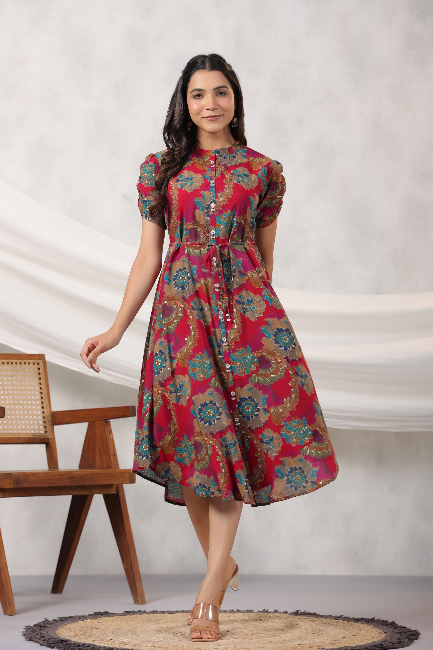 Red Floral Print on Russian Silk Midi Dress