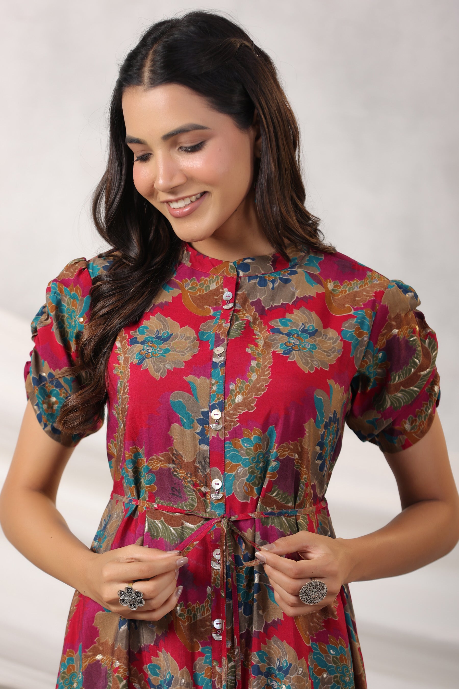 Red Floral Print on Russian Silk Midi Dress