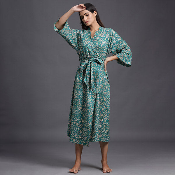 Floral Mosaic On Sea Green Robe Jisora Jaipur