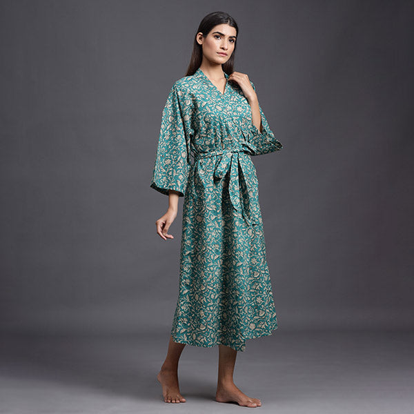 Floral Mosaic On Sea Green Robe Jisora Jaipur