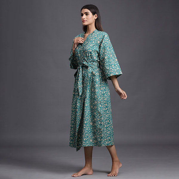 Floral Mosaic On Sea Green Robe Jisora Jaipur
