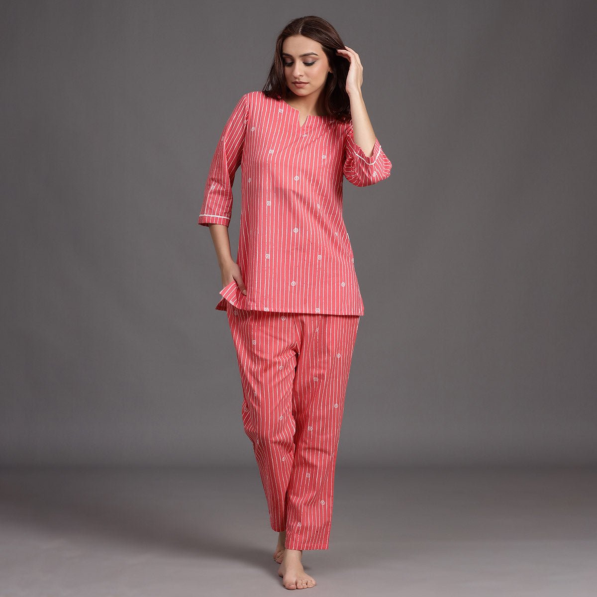 Stroked Rings on Pink Cotton Loungewear Top Set