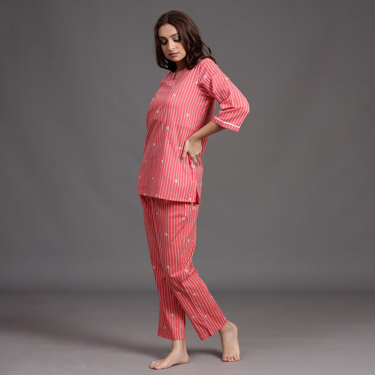 Stroked Rings on Pink Cotton Loungewear Top Set