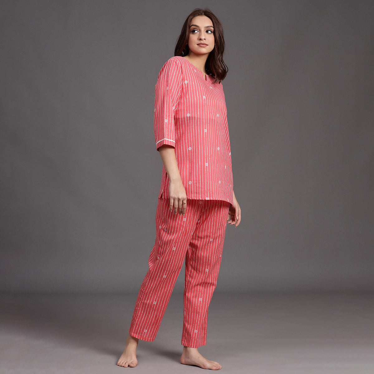 Stroked Rings on Pink Cotton Loungewear Top Set