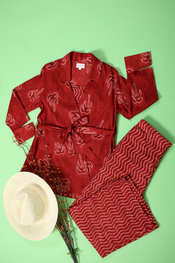 Palm with Spiral Shibori on Maroon Cotton Three Piece Set