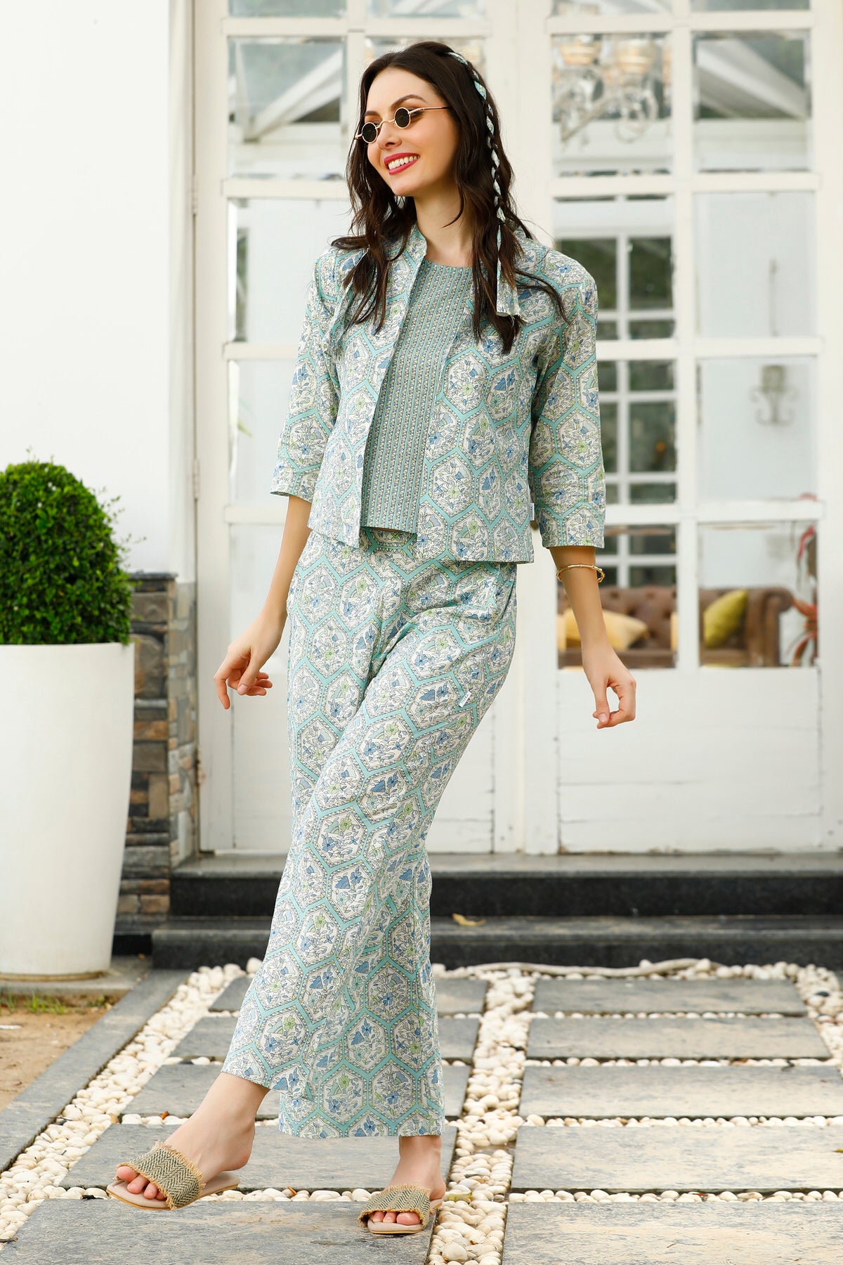 Subdued Earthy net Cotton Flex Three piece Set