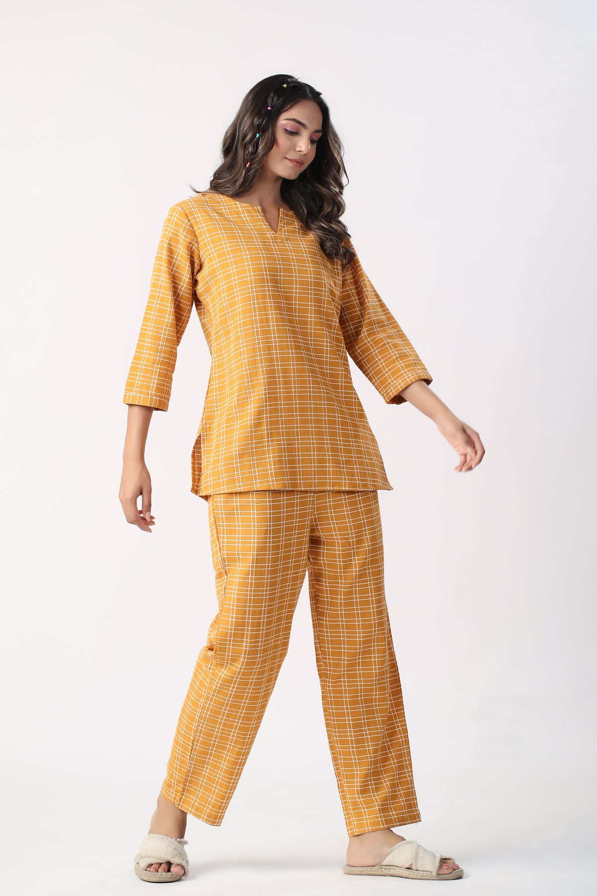 Checkered Saffron Cotton Flex Loungewear Top Set