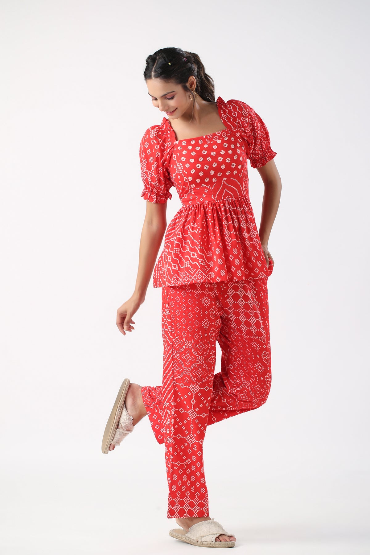Retro Bhandani Red Cotton Co-ord Set