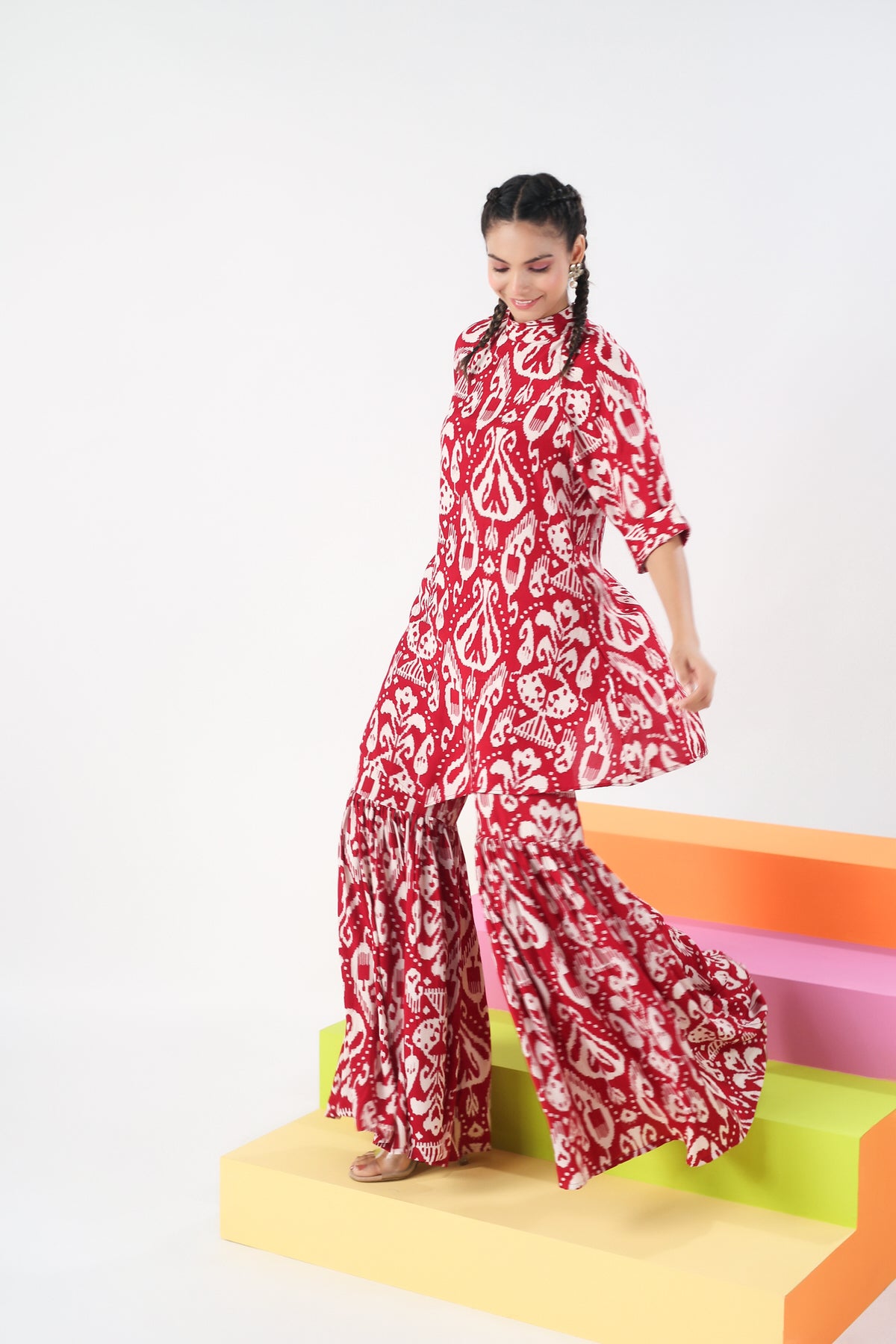 Red Ikat Print Russian Silk Co-ord set